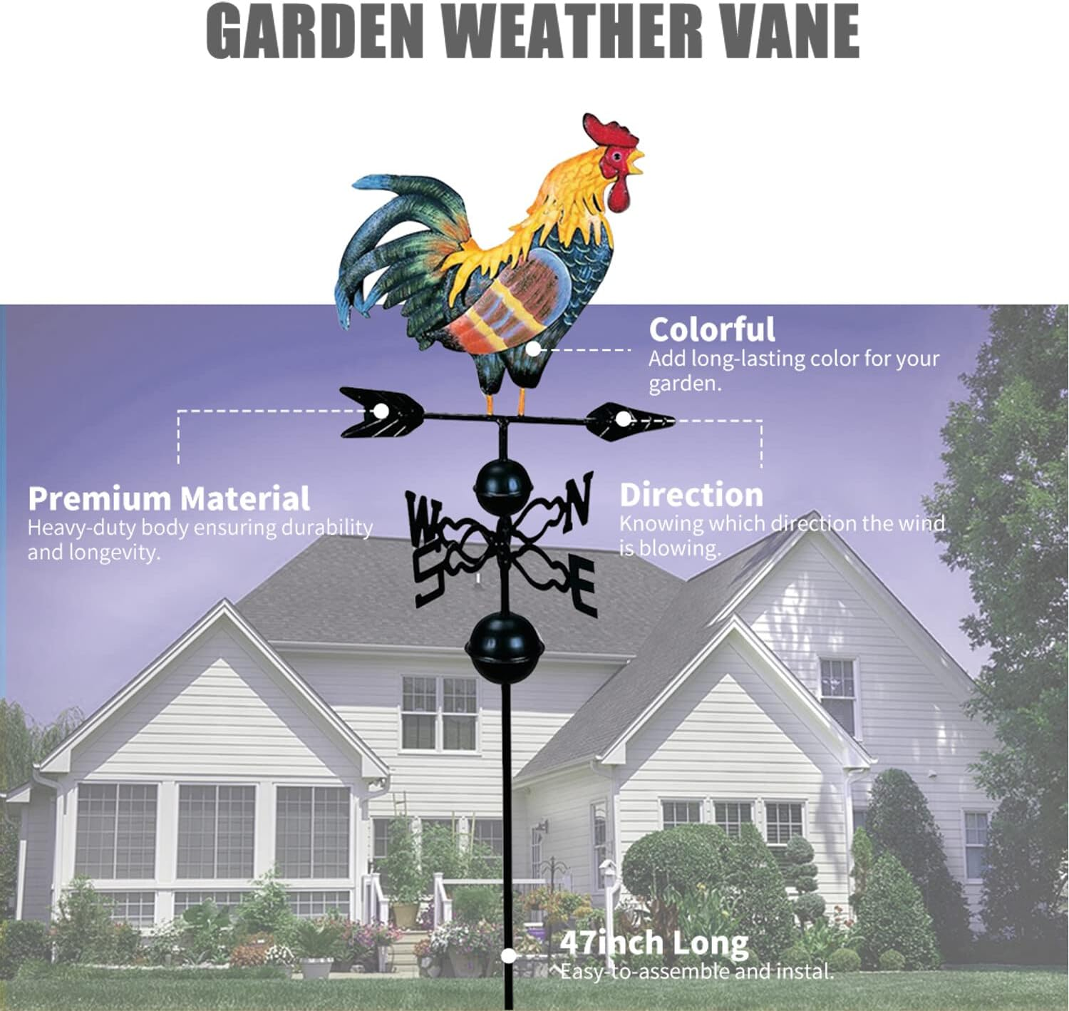 Metal Weathervane Rooster Shape Weather Vane Garden Fences Stake Yard Roofs Weathervane Decor Colorful Ornament image number 1