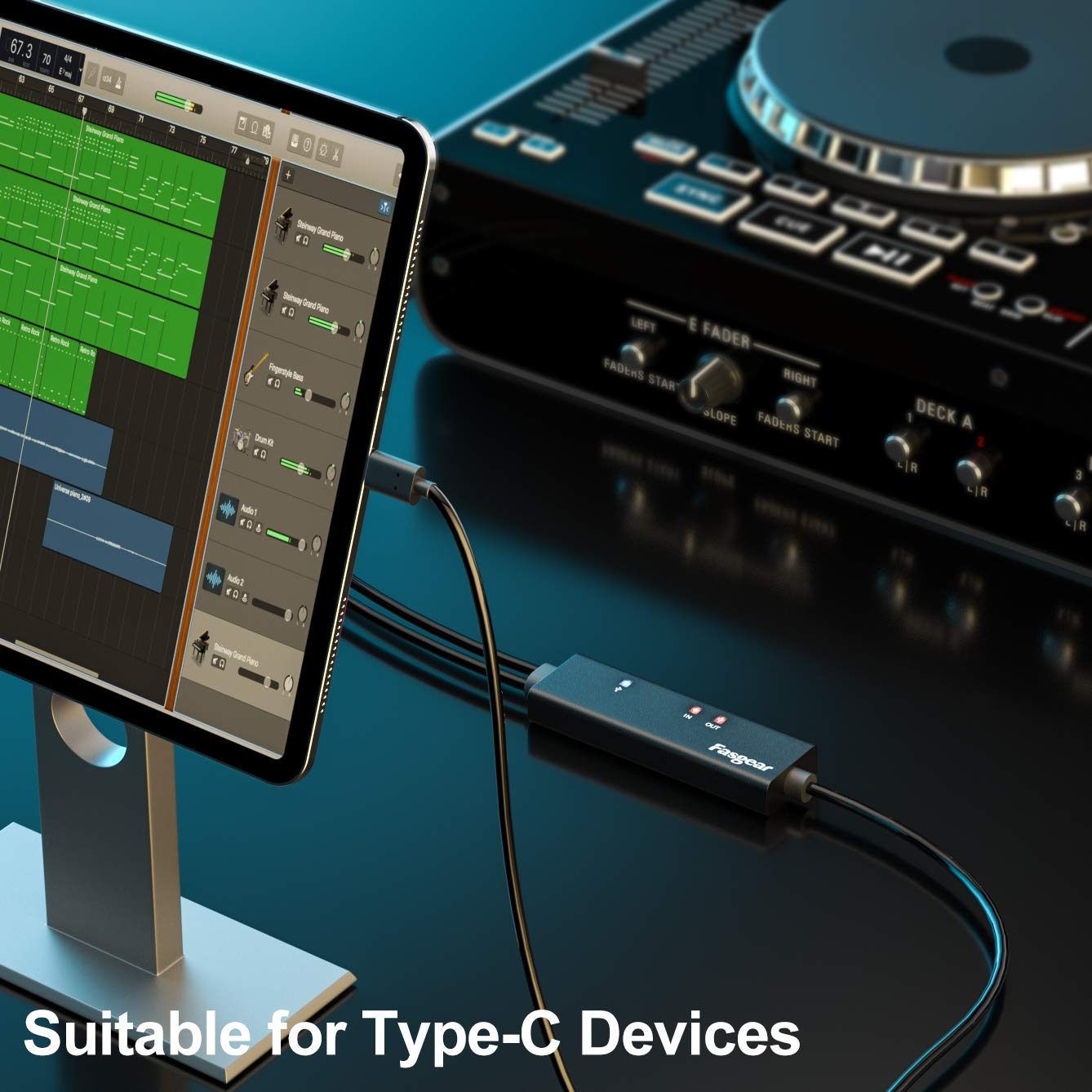 USB C MIDI Cable with Type C to USB Adapter, Fasgear 6Ft Type C to In-Out MIDI Cable for Music Keyboard Piano to PC Laptop, MIDI to USB C Interface Converter for Windows, Android, Mac OS image number 5