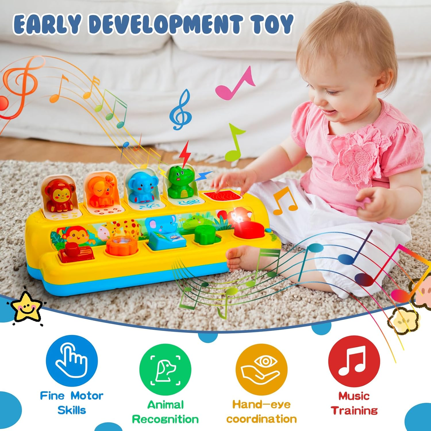 Interactive Pop up Animal Toys with Music & Light, Montessori Cause and Effect Toys for 1 Year Old Boy Girl Early Learning Musical Baby Toys 9-12-18 Months STEM Toddler Toys Age 1-2 Infant image number 2