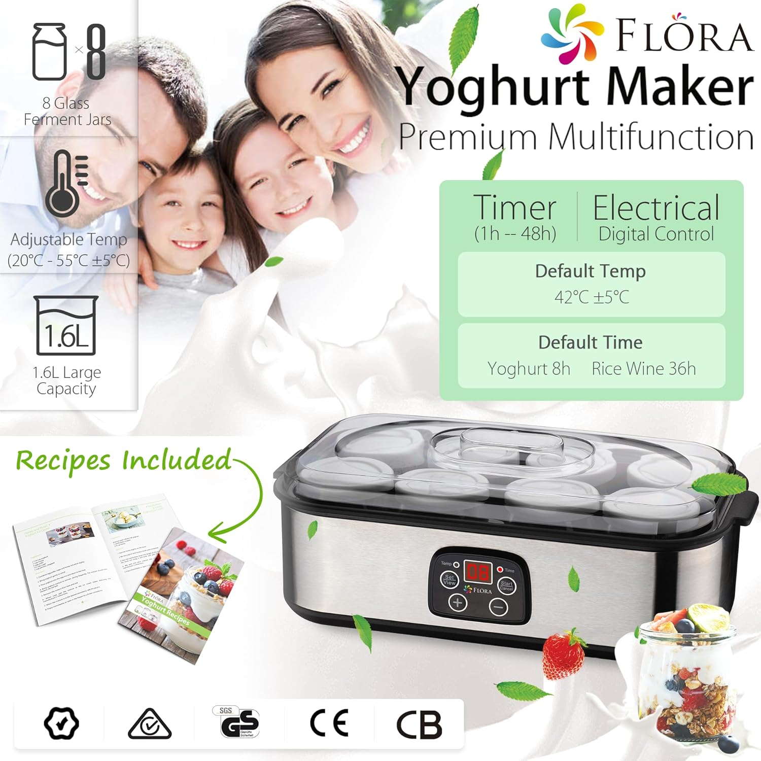 Flora Yoghurt Maker Electric-Australia Local Seller-Fermented Yogurt Making Machine-Auto Digital with 8 Glass Jars-Lcd Display with Temperature Setting-Natto/Rice Wine/Curd Making-Fl-Yme-816
