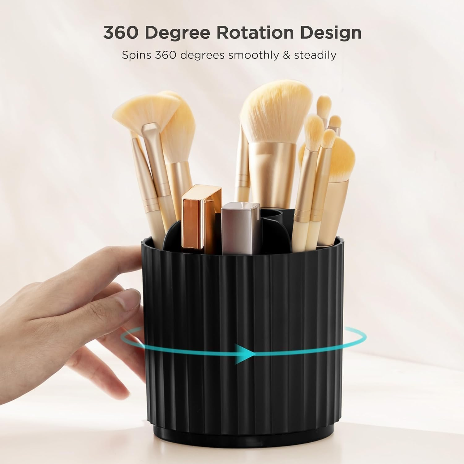Large Capacity Makeup Brush Holder, 5 Slot Make up Brushes Cup, Cosmetic Storage Box Makeup, 360&deg; Rotating White Makeup Organizer, Makeup Brush Holder Organizer,Rotating Cosmetic Organizer (Black) - White image number 7