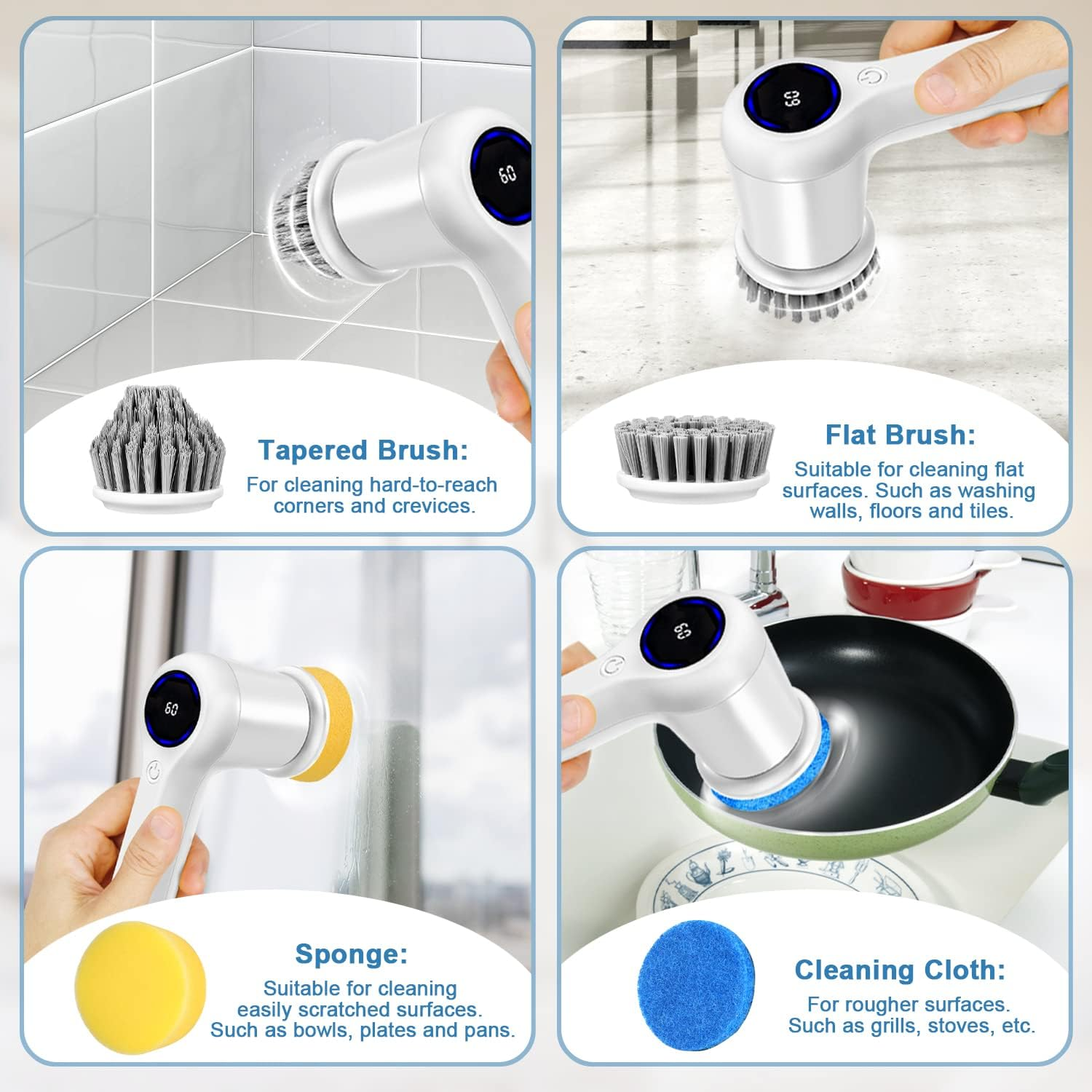 GRUTTI Electric Spin Scrubber Rechargeable Cordless Electric Cleaning Brush with 5 Replaceable Brush Heads Handheld Power Electric Scrubber for Cleaning Bathrooms Bathtub Cars and Kitchens