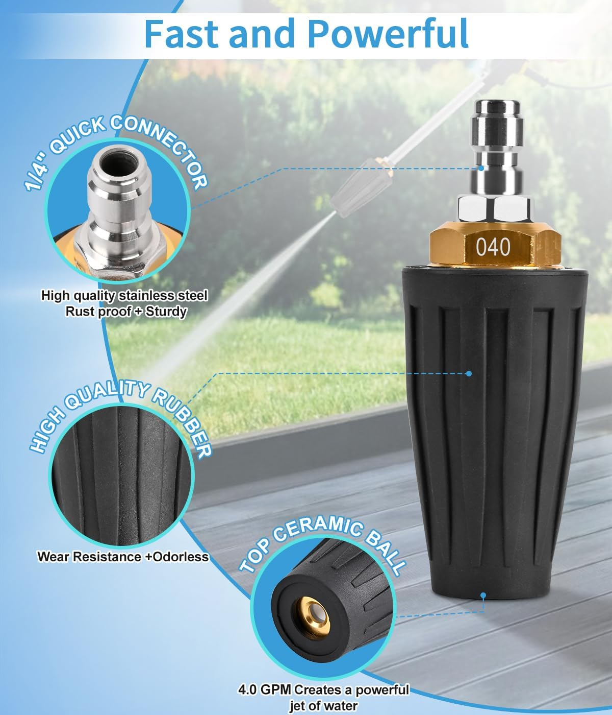 Pressure Washer Turbo Nozzle 4000 PSI - 360&deg; Rotating with 1/4 Inch Quick Connector for Cleaning Brick, Concrete, Vinyl Surfaces (4.0 GPM) image number 5