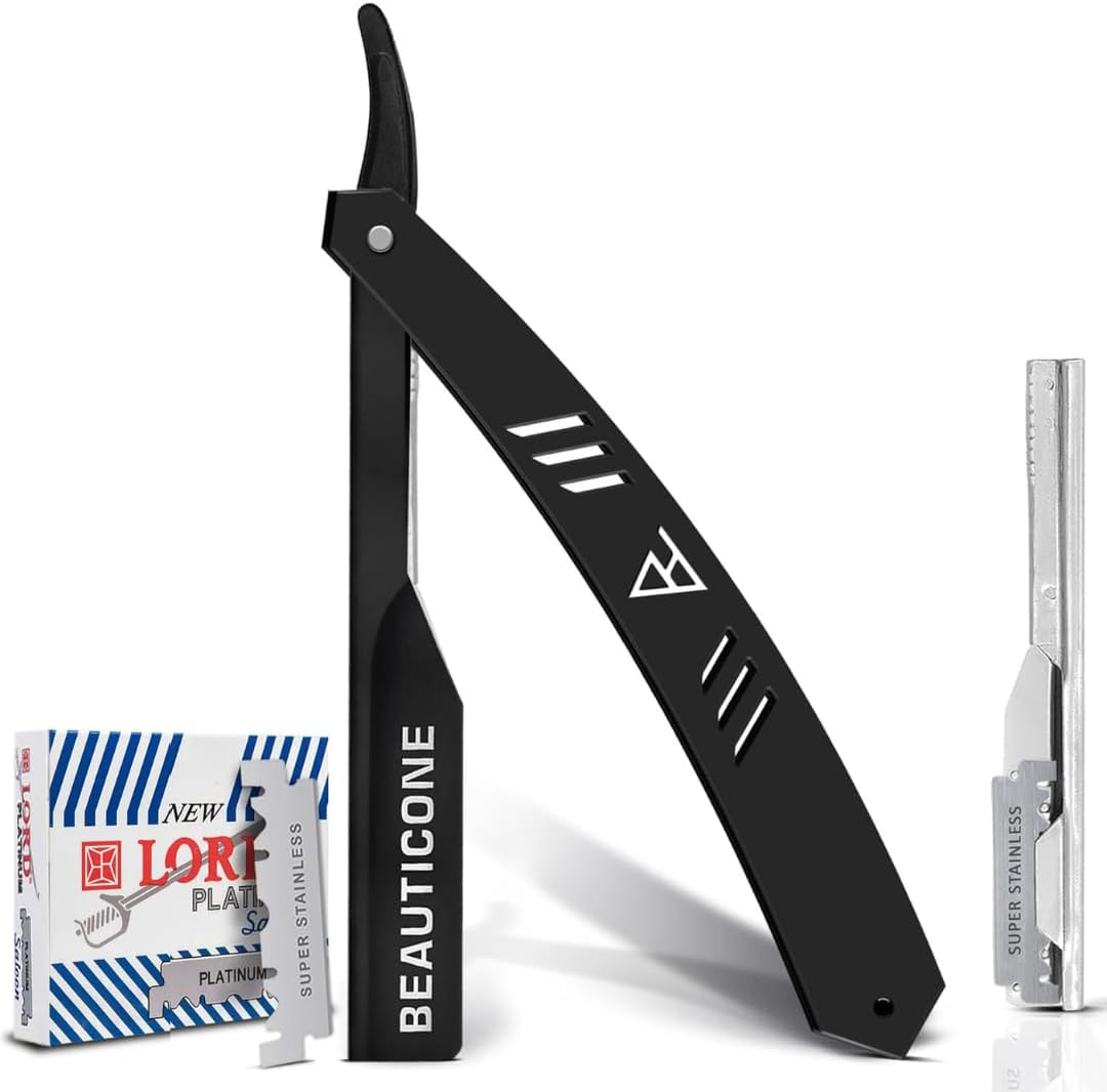 BEAUTICONE Professional Straight Razor for Men with 100 Single Edge Blades | Slide-Out Design (Barber Pole)