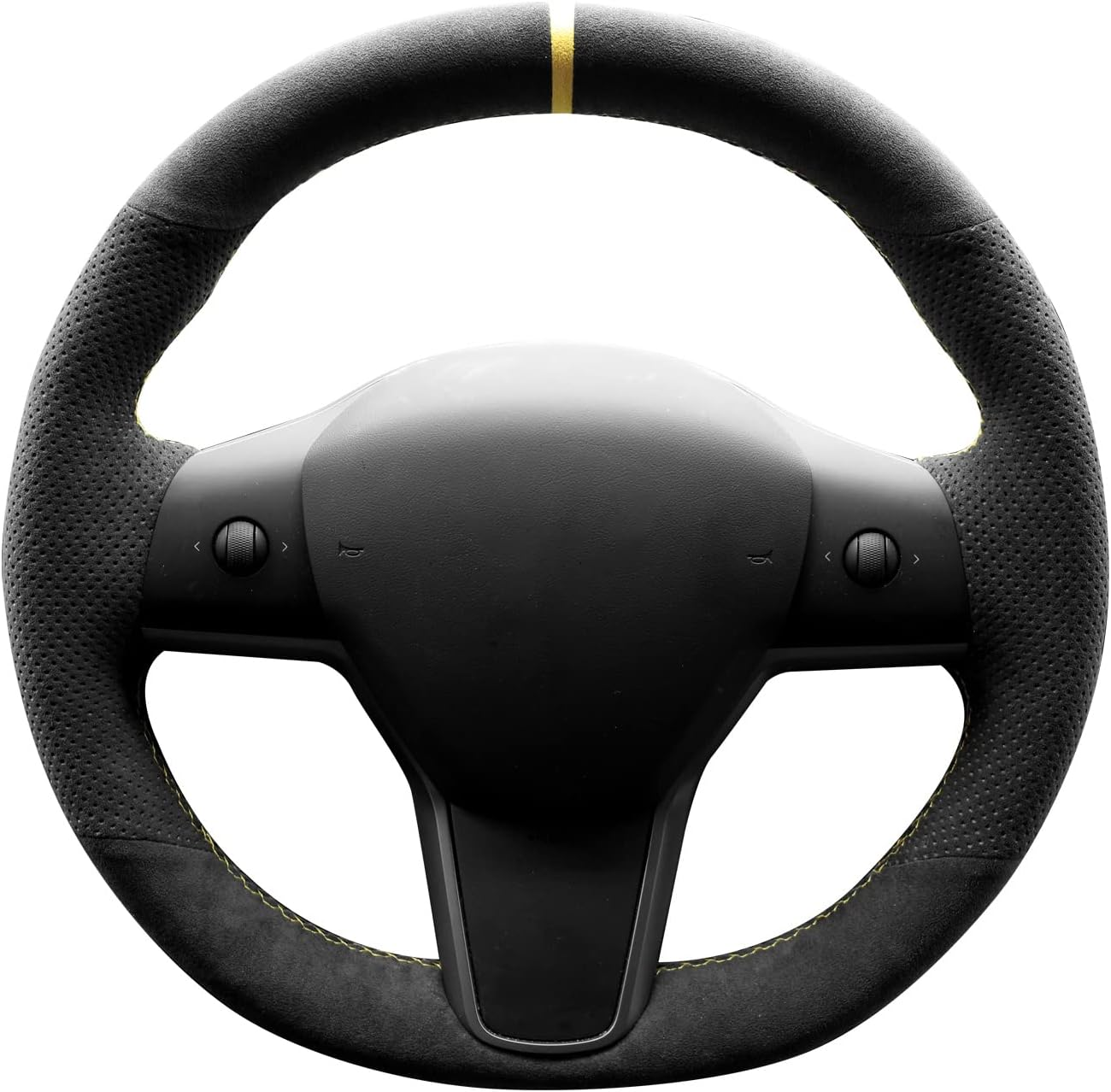 Hand Stitch Sewing Italy Alcantara Car Steering Wheel Cover Wrap for Tesla Model 3/Tesla Model Y (Black Alcantara with Dots+Yellow Stripe) image number 6