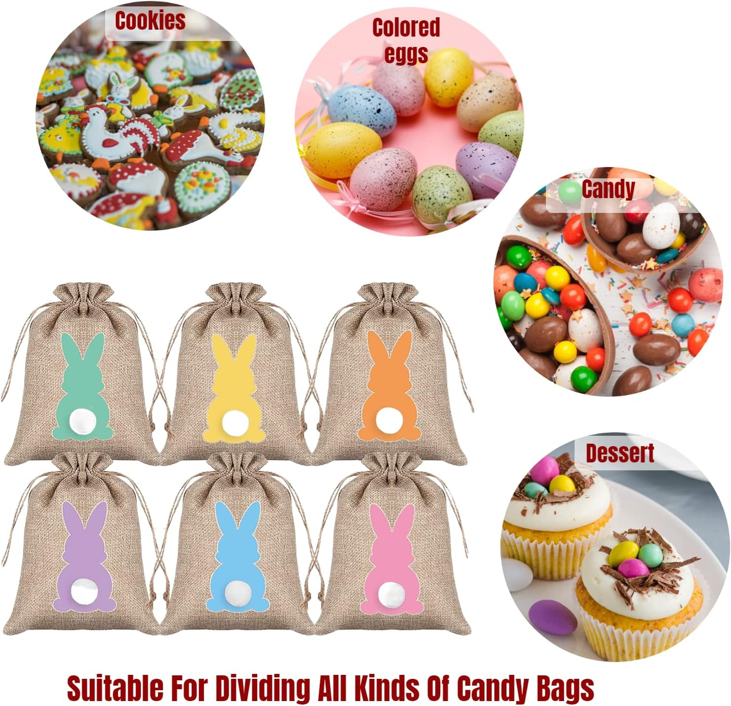 24 Pcs Easter Candy Bags, Easter Burlap Drawstring Bags 6 Color Bunny Pattern Linen Treat Candy Bags for Kids Easter Party Favor