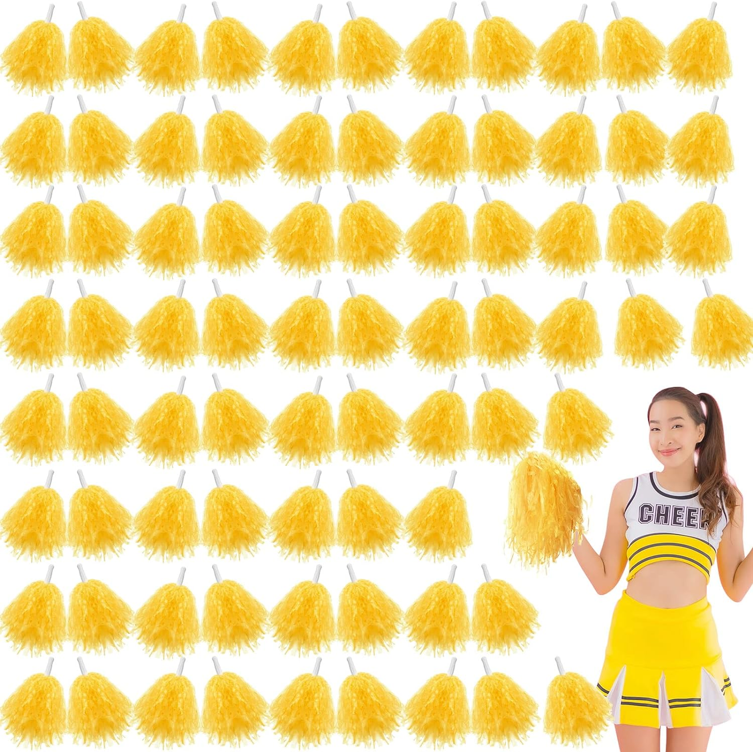 Meooeck 80 Pcs Cheerleading Pom Poms Sports Dance Cheer Pompoms with Handles Plastic Cheerleader Stuff for Sport Gymnastics Adults Cheering Team Party Decorations(Yellow) - Black,Yellow image number 5