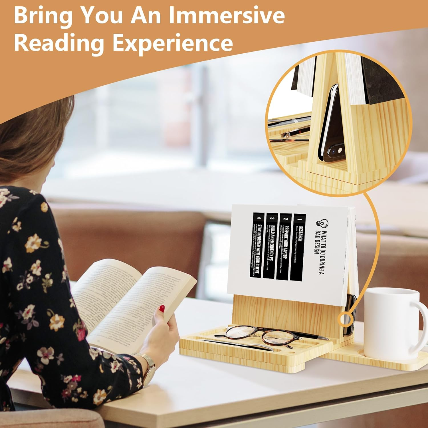 Triangle Book Holder Stand, Wooden Book Nook Reading Valet, Book Rest with Cup, Glasses & Pen Holder, YITOBA Book Display Stand for Reading in Bed, Coffee and Book Lovers (Yellow)