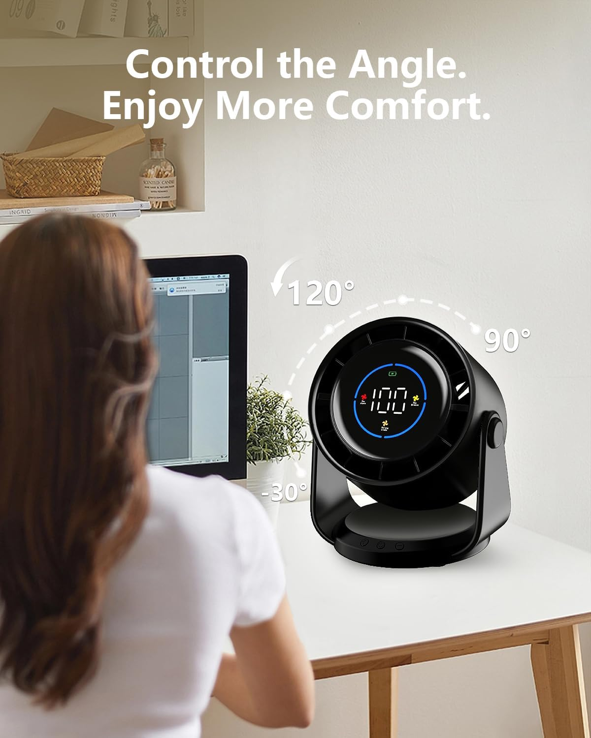 Table Fans, Handheld Portable Turbo Fan Ultra Quiet Desk Fan, Digital Display Rechargeable USB, 105&deg;Tilt 100 Speeds, Wall-Mounted Design, Portable Fans for Home Office Kitchen Travel Camping - Black image number 2