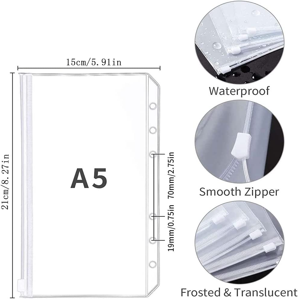 12 PCS Binder Pockets,A5 Size Binder Zipper Folders ，6 Holes Refillable Pouch Document Filing Bags, PVC Loose Leaf Bags for 6 Rings Binder Notebooks Planner[Waterproof] image number 4