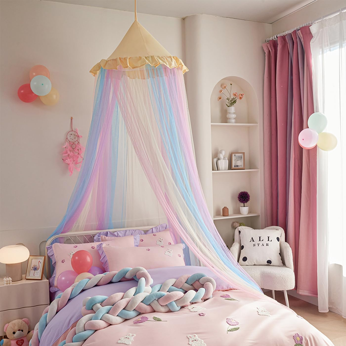 Rainbow Bed Canopy for Girls, Ruffles Mosquito Net with Dust-Proof round Dome Kids Dreamy Princess Bed Canopy Netting Room Crib Bed Curtains Camp Decor Accessories Child Reading Corners Ceiling Tent image number 6