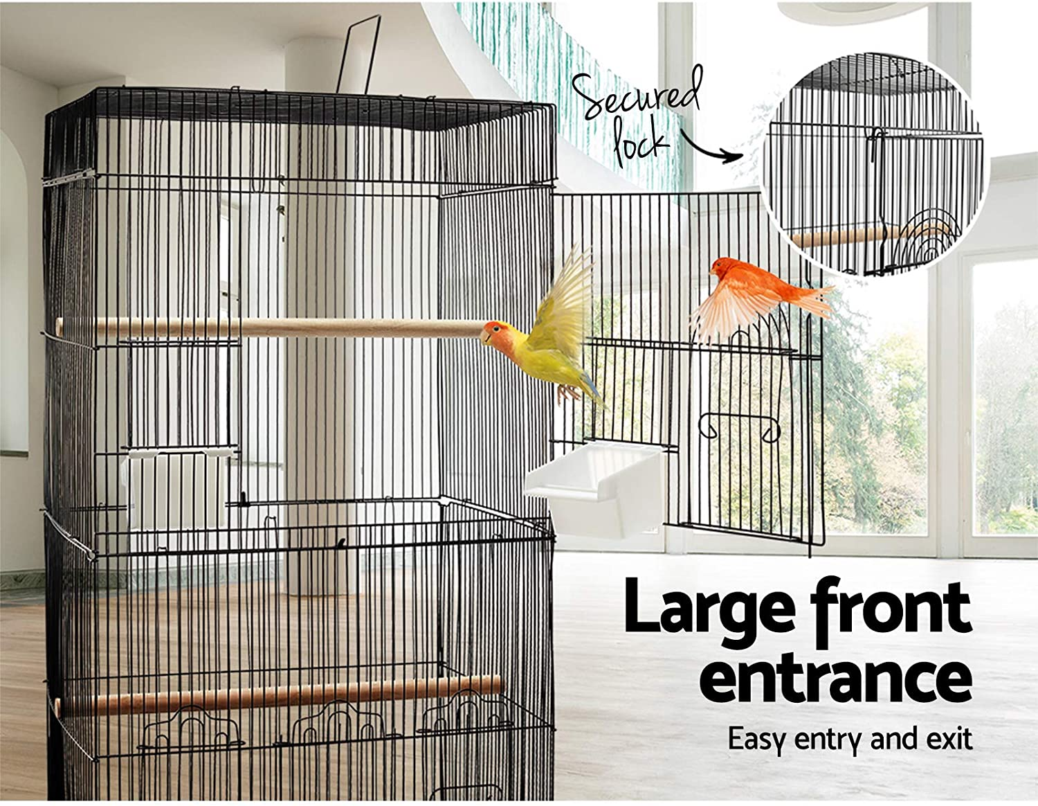 I.Pet Bird Cage 47 X 36 X 88Cm Guinea Pig Pet Birds Parrot Ferret Cages Aviary House Budgie Finch Canary Stand Toys,Black 2 Perch + Slide-Out Removable Tray