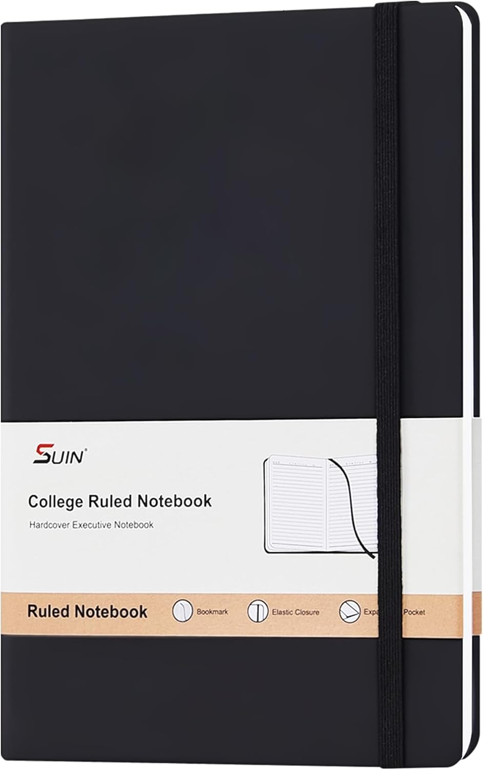 A5 Hardcover Notebook, Lined Journal with 200 Pages, Soft-Touch Faux Leather Cover with Elastic Closure, Ribbon & Pocket - Perfect for Work, Office & Notes (Black - 1 Pack) image number 1