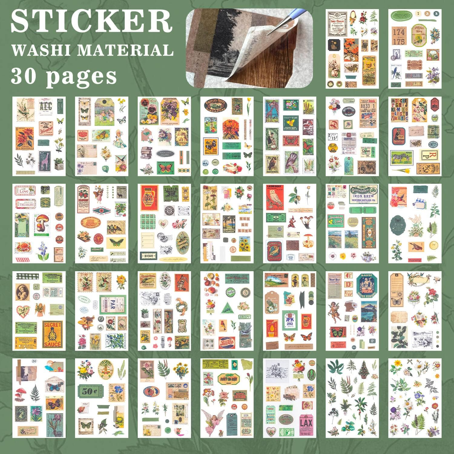 50 Pages Vintage Scrapbook Sticker and Scrapbook Paper Decorative Washi Sticker Retro Decoupage Paper Sticker Book for Adults Scrapbook Supply for Journaling Card Making Handicraft Collage (Lime) image number 6
