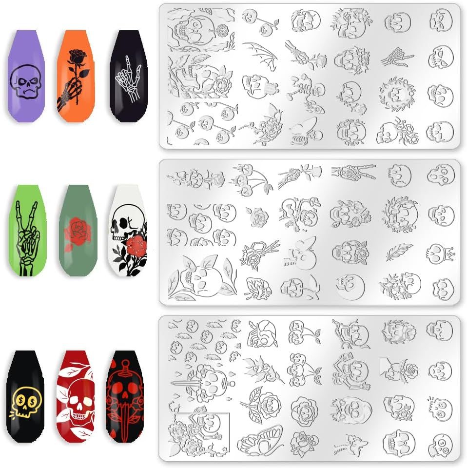 3Pcs Skull Nail Stamping Plate Set Halloween Nail Stamp Templates Skeleton Hands Roses Metal Reusable Tools with Stamper Scraper for Manicure Printing image number 3