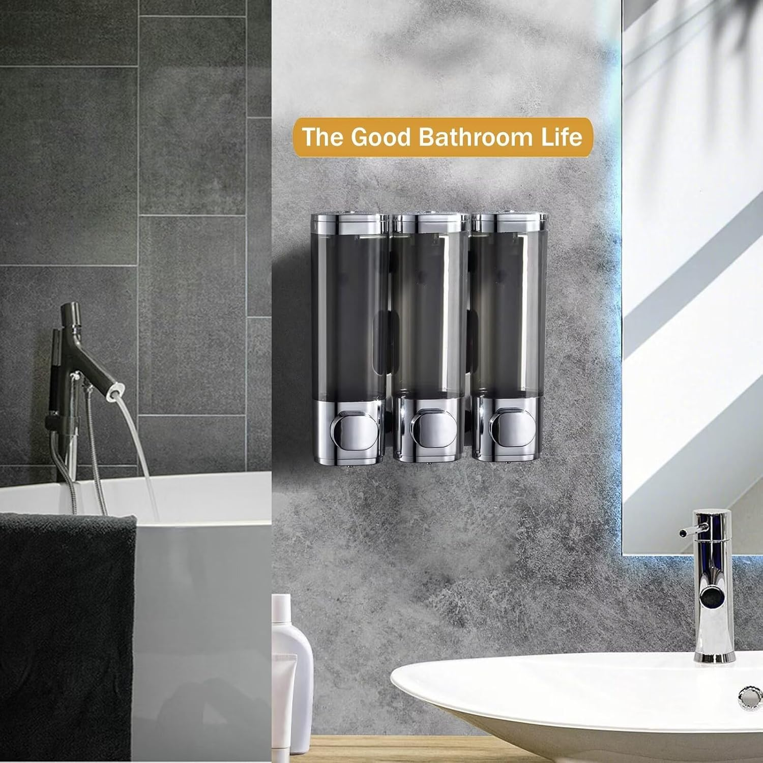 Shower Soap Dispenser 3 Chamber No Drill, Shampoo Dispenser for Shower Wall, Shampoo and Conditioner Dispenser Wall Mounted Set, for Bathroom Hotel (30Oz Electroplated Silver) image number 3