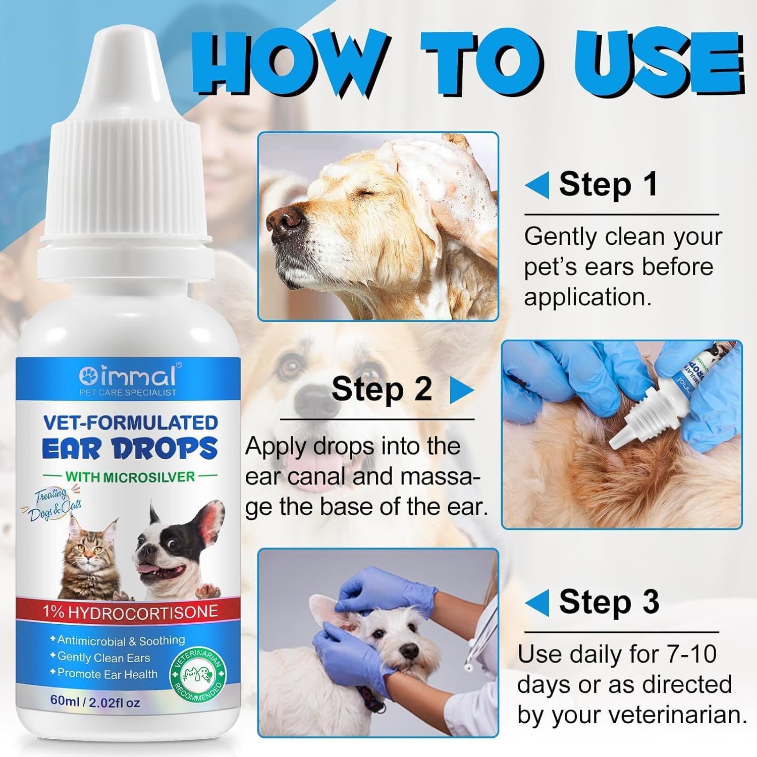 Dog Ear Infection Treatment, Cat & Dog Ear Cleaning Drops, with 1% Hydrocortisone for Dog Yeast Ear Infections, Dog Ear Cleaner Prevents Inflammation