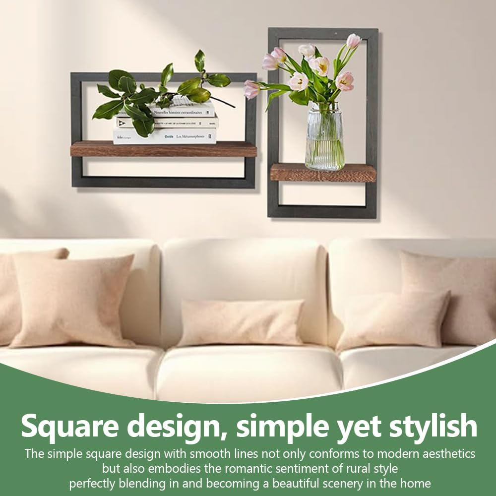 2 Pcs Rustic Black Square Wood Wall Shelves, Durable Wall Mounted Storage Shelves, Decorative Floating Wooden Display Racks for Living Room, Bedroom, Kitchen, or Office image number 1