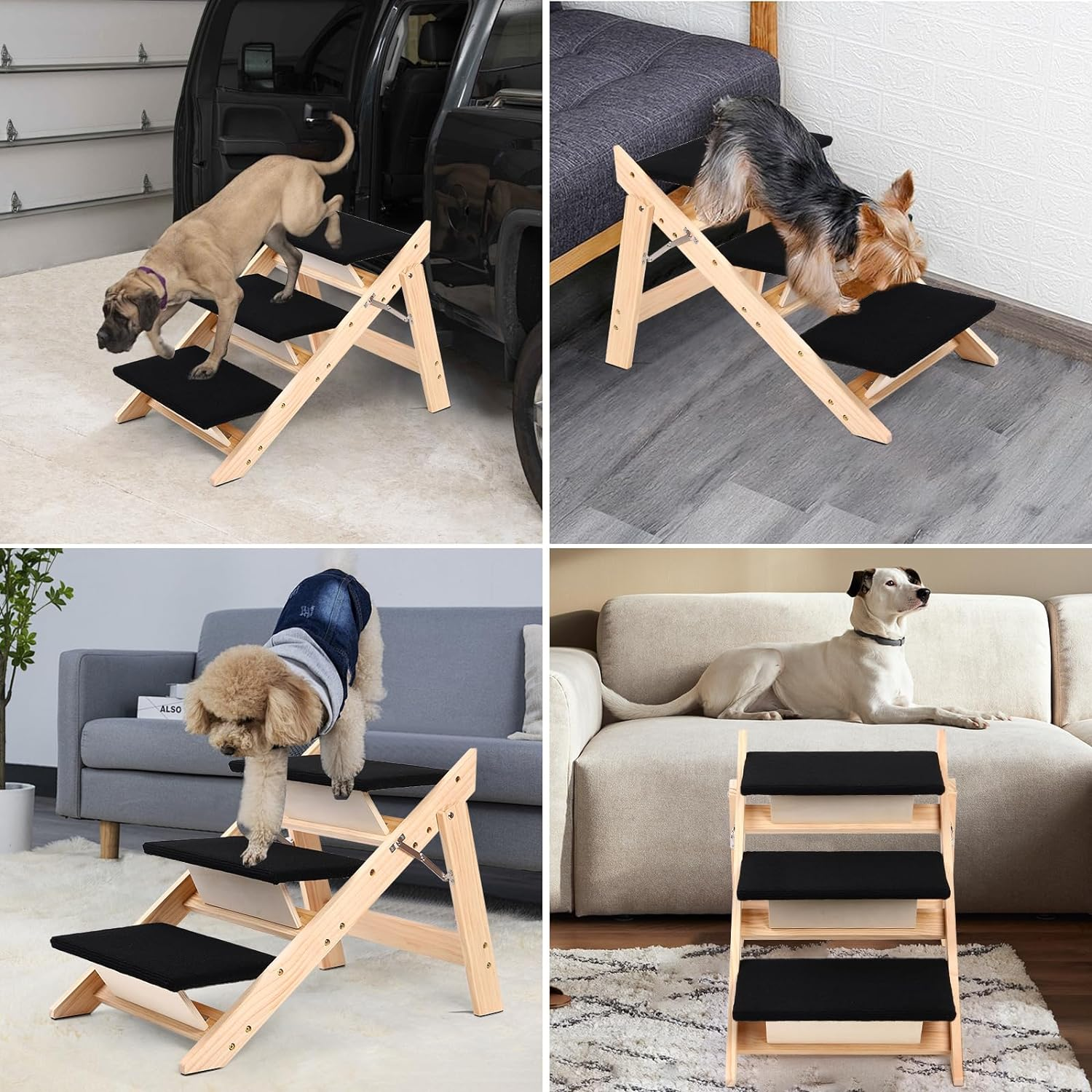 Pet Stairs/Steps, 2-In-1 Foldable Wood Dog Stairs with Non-Slip Pads for High Beds, Sofa, Couch, Car, Durable Portable Cat Ladder up to 150 Lbs, 3 Steps image number 4