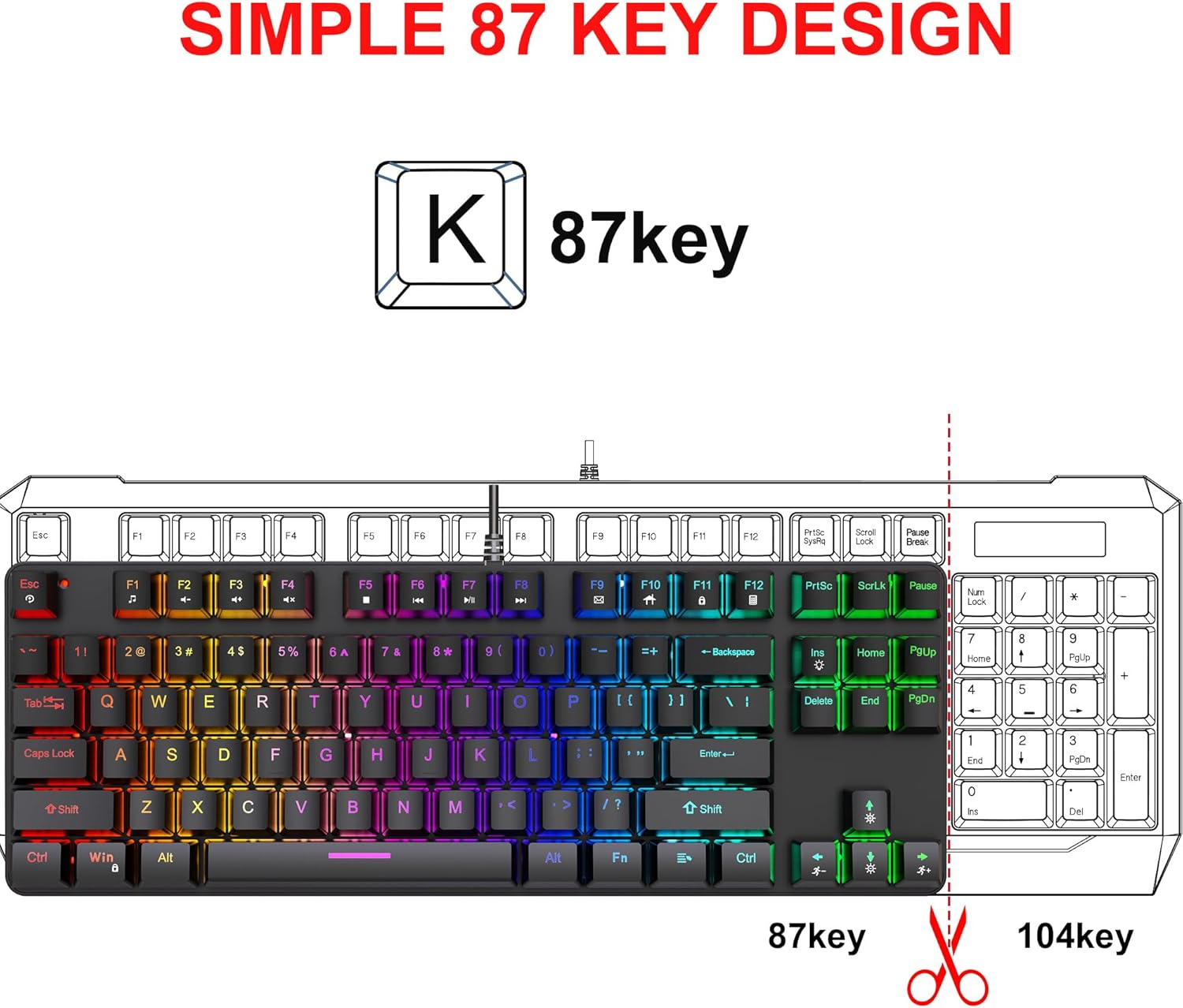 Gaming Mechanical Keyboard, Ergonomic Design, 87 Keys, RGB Backlight, 1.5M Cable,Usb-A Connector Cable, Rich Shortcut Keys image number 2