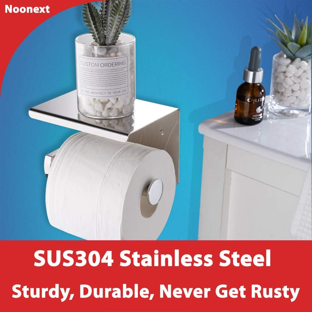 Toilet Paper Holder with Shelf Wall Mounted, Adhesive Toilet Paper Roll Holder, Stainless Steel Tissue Roll Dispenser Storage, Adhesive No Drilling or Drilling with Screws (Polished Chrome) image number 3