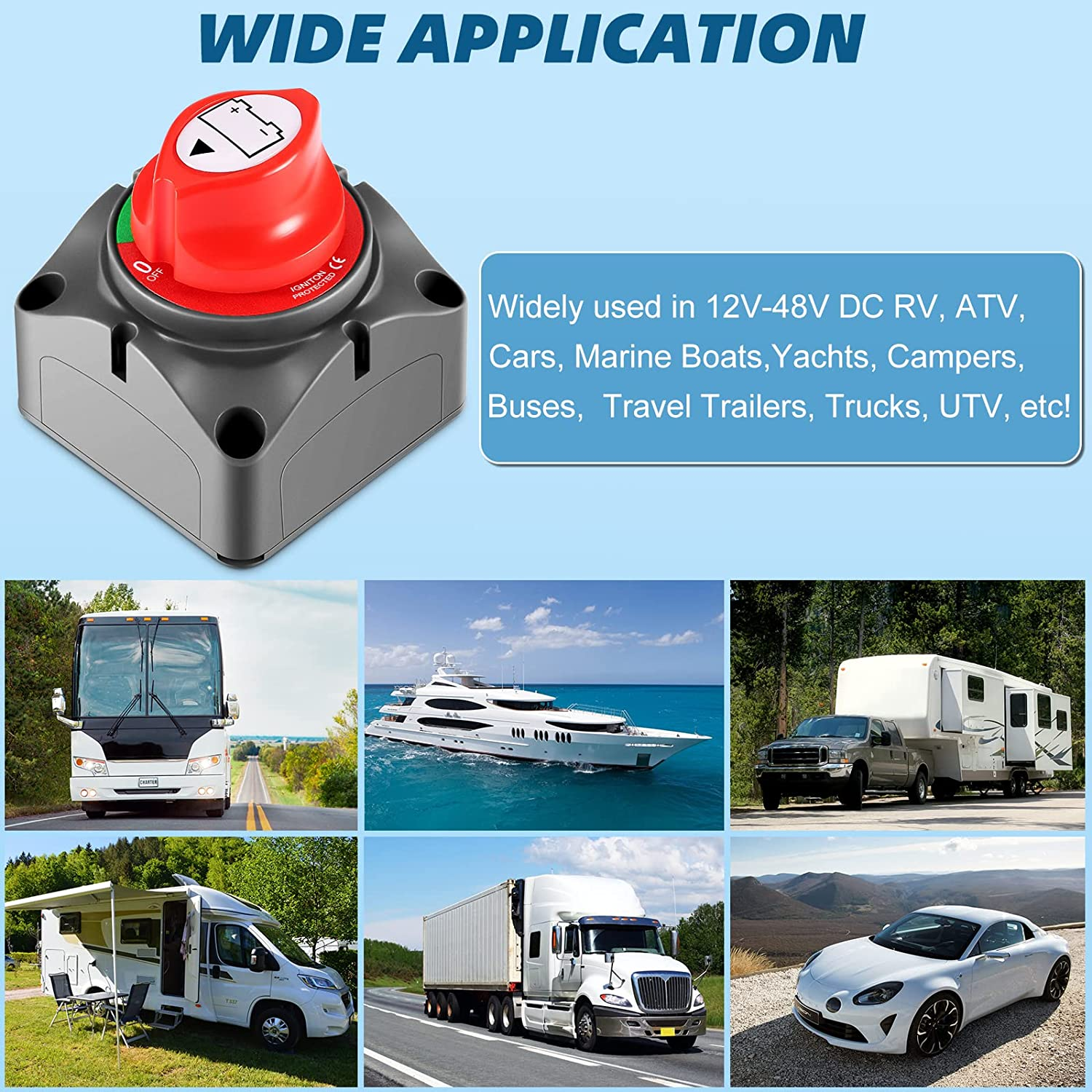 Battery Disconnect Switch, 12V-48V Battery Isolator Switch, 275 Amps High Current Battery Power Cut off Master Switch, Heavy Duty Marine Switch for Car RV Marine Boat Yacht Truck Vehicle image number 3