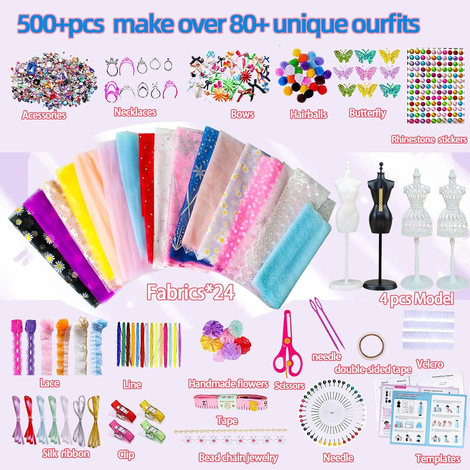 500+Pcs Fashion Designer Kit for Girls, Sewing Kit Arts and Crafts Set for Kids Ages 6-12 with 4 Mannequins & Instruction DIY Doll Clothes Making Learn to Sew Toys for Girls Birthday Gift image number 1