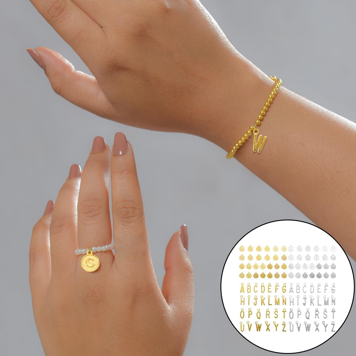 Round Letter Charms, 104 PCS Gold & Silver Double Sided Metal Letter Beads for Jewelry Making, DIY Crafting (12 X 15Mm) image number 4