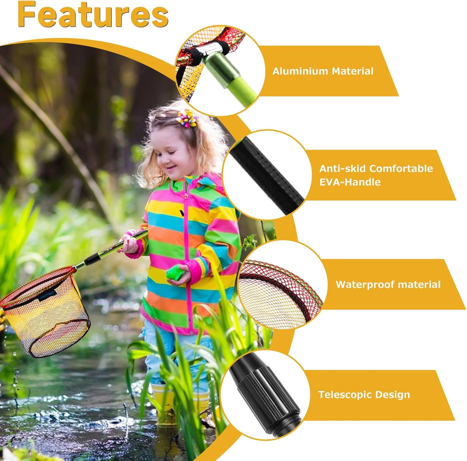 Fishing Landing Net Children'S Fishing Net 40In with Telescopic Pole Handle Rubber Coated Nylon Mesh, Non-Slip EVA Grip for Freshwater or Saltwater image number 5
