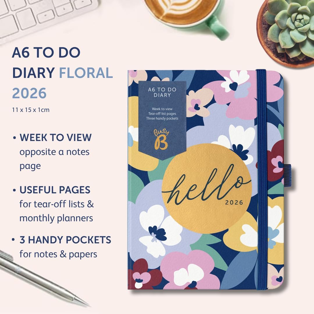 Busy B - A6 Weekly Planner 2026 - Appointment Calendar with To-Do Lists & Note Pages - Compact Diary with Colourful Floral Pattern - Week to View, 3 Pockets & Year Planner image number 4