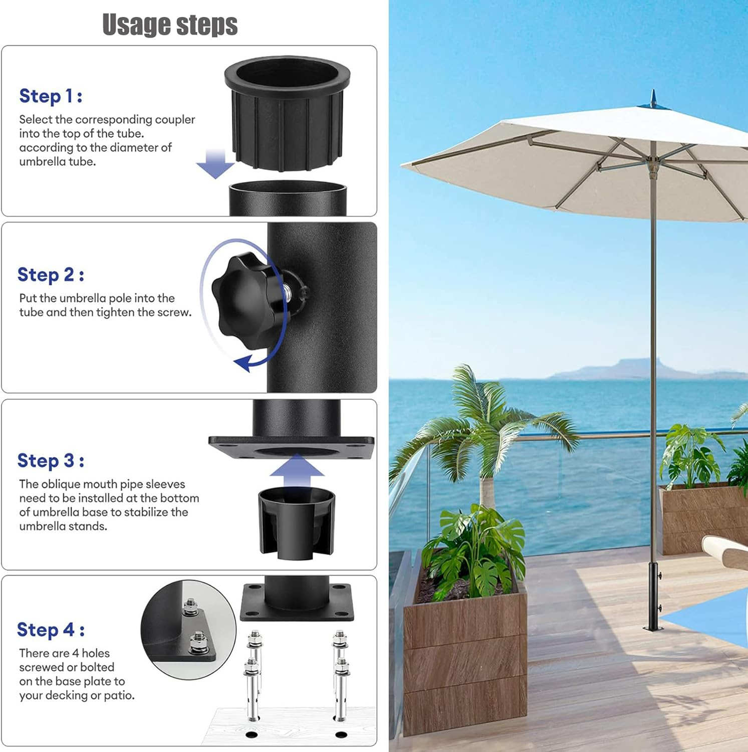 JUMXSRLE Deck Mount Umbrella Holder, Adjustable Diameter Heavy Duty Steel Outdoor Umbrella Base, Umbrella Deck Mount, Outdoor Umbrella Stand for Patio Table, Balcony, Decks, Docks image number 1
