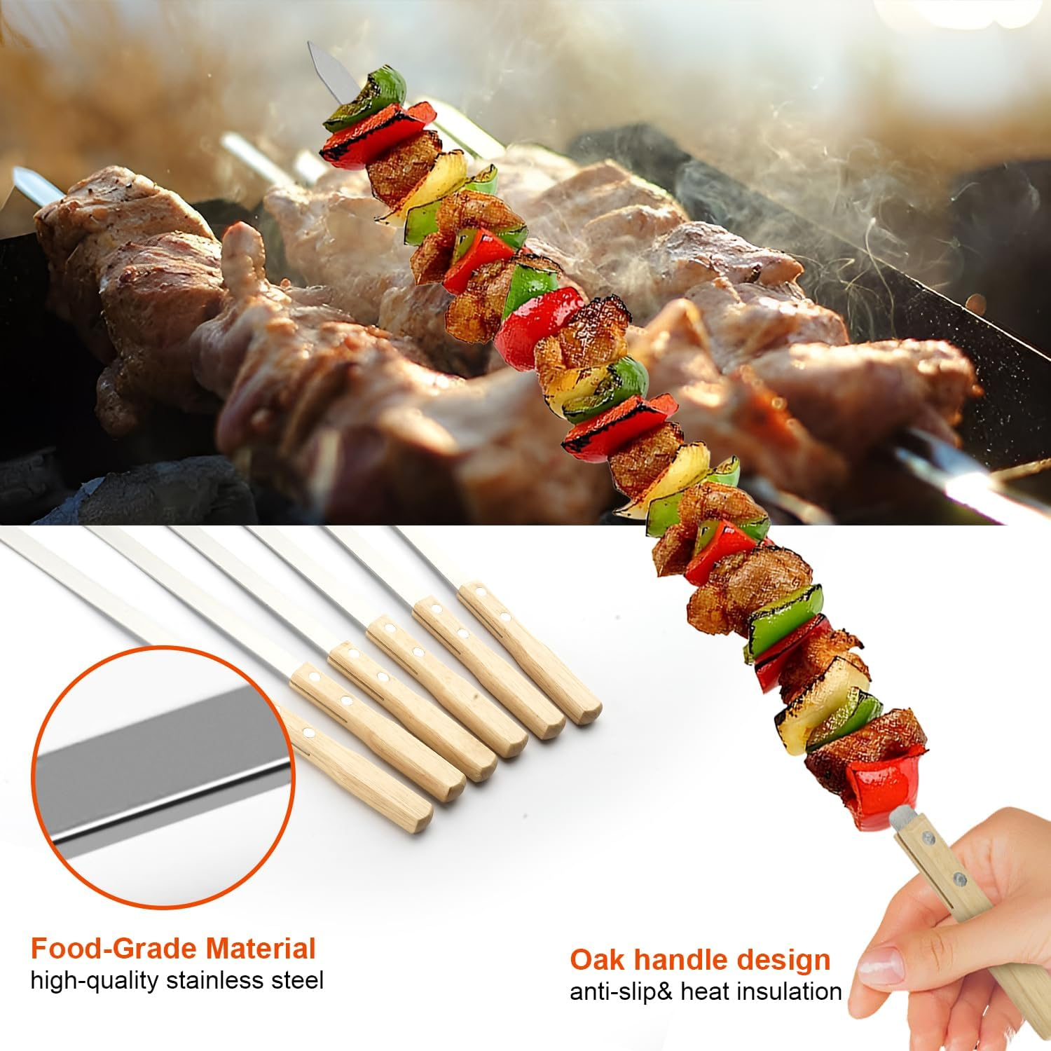 Professional Kabob Skewers, 23 Inch Heavy Duty Large Wide Reusable BBQ Barbecue Skewers, Stainless Steel Sticks with Nonslip Wooden (Flat-12 Pcs) image number 5
