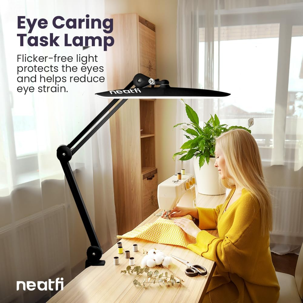 Neatfi XL LED Desk Lamp with Clamp, 2200 Lumens, 24W, 50Cm Wide Head, Dimmable 4 Brightness Levels, Task Light for Home Office, Crafts, Workbench (Non-Cct with Clamp, Black) image number 1