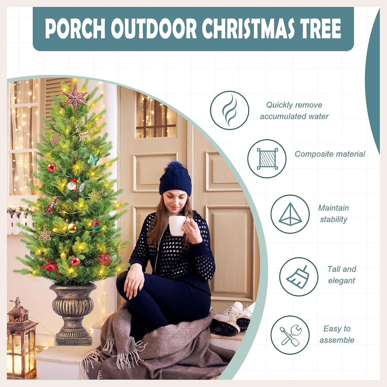 Outdoor Christmas Trees for Porch Entrances,Green Pine Branches and 100 LED Lights Pre-Lit Potted Artificial Christmas Tree for Front Door - 4Ft（Battery Box） image number 3
