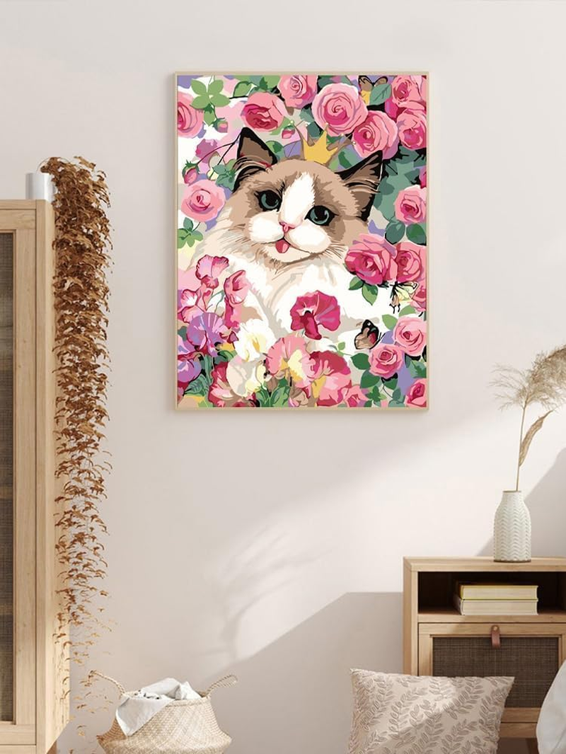 Paint by Number for Adults Beginners,12" Wx16 L Canvas for Painting Kits for Adults, Paint by Numbers for Home Wall Art Decor-Cat Flowers image number 2