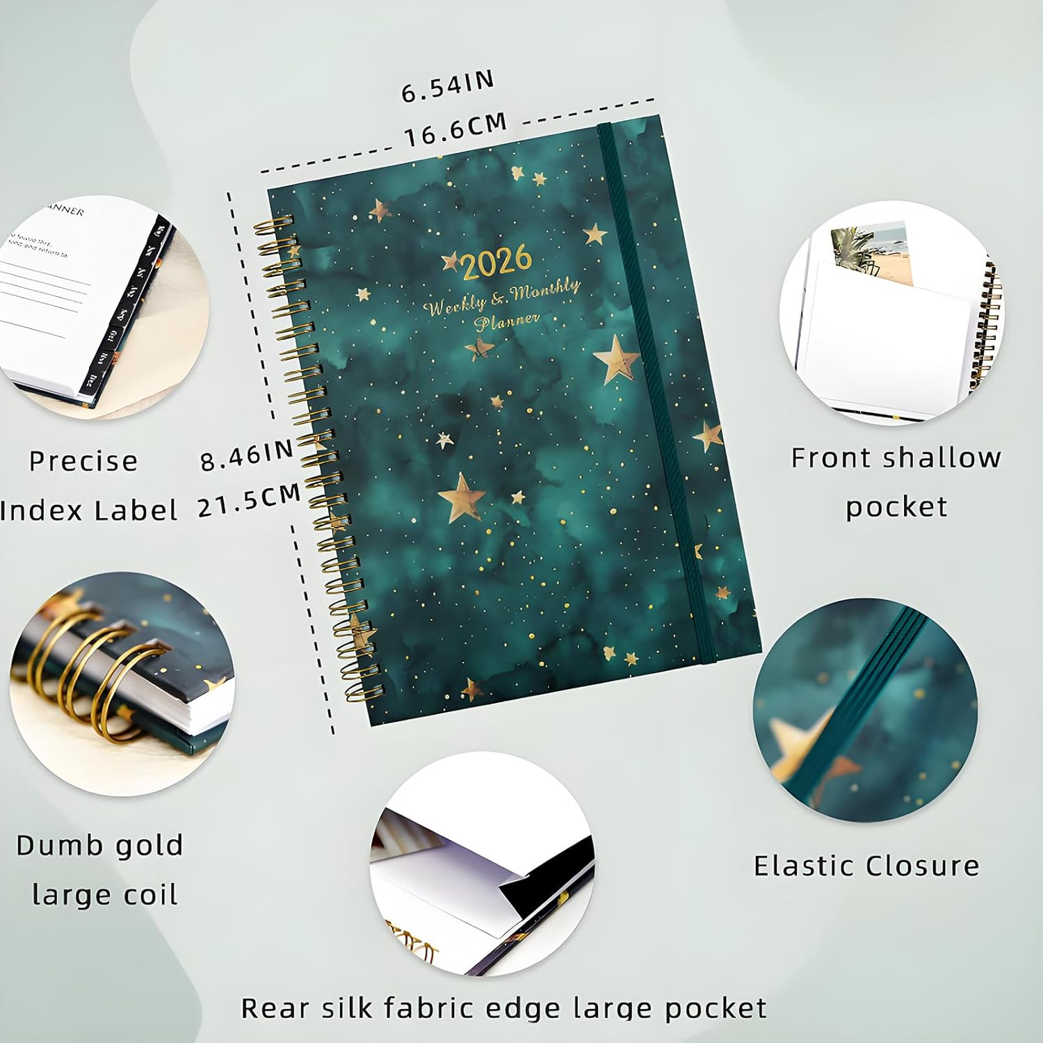 Academic Planner 2026 Weekly and Monthly, Jan 2026 - Dec 2026, 6.5" X 8.5" with Monthly Tabs, Pockets, Spiral Bound for Office School - Green Stars image number 3