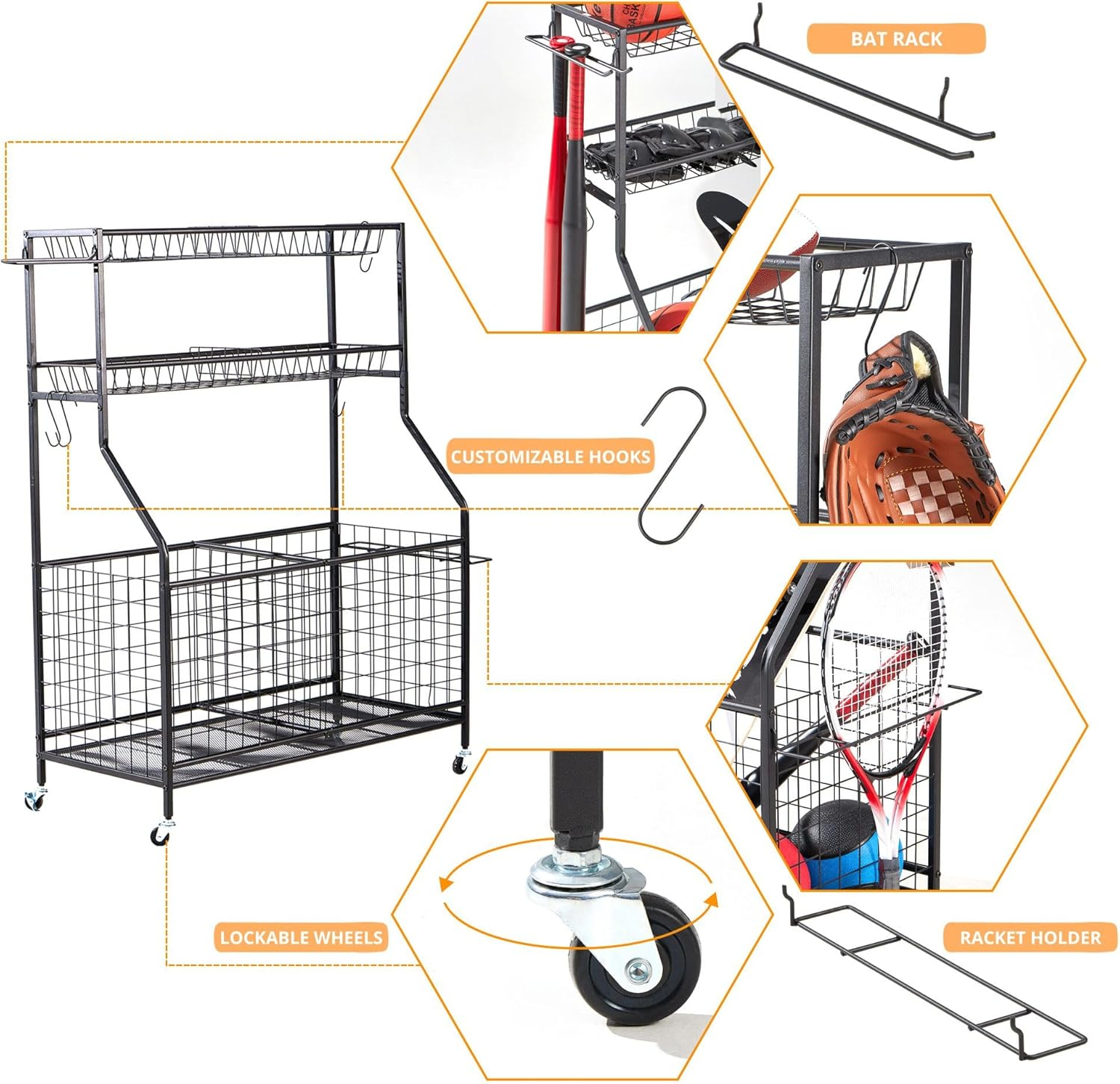 LUGO Heavy-Duty Garage Sports Equipment Organizer with Wheels, Indoor/Outdoor Ball Storage Rack with Baskets and Hooks, Ball Holder with Lockable Wheels, for Home, Garage, Kids Toys, Sports Gear image number 3