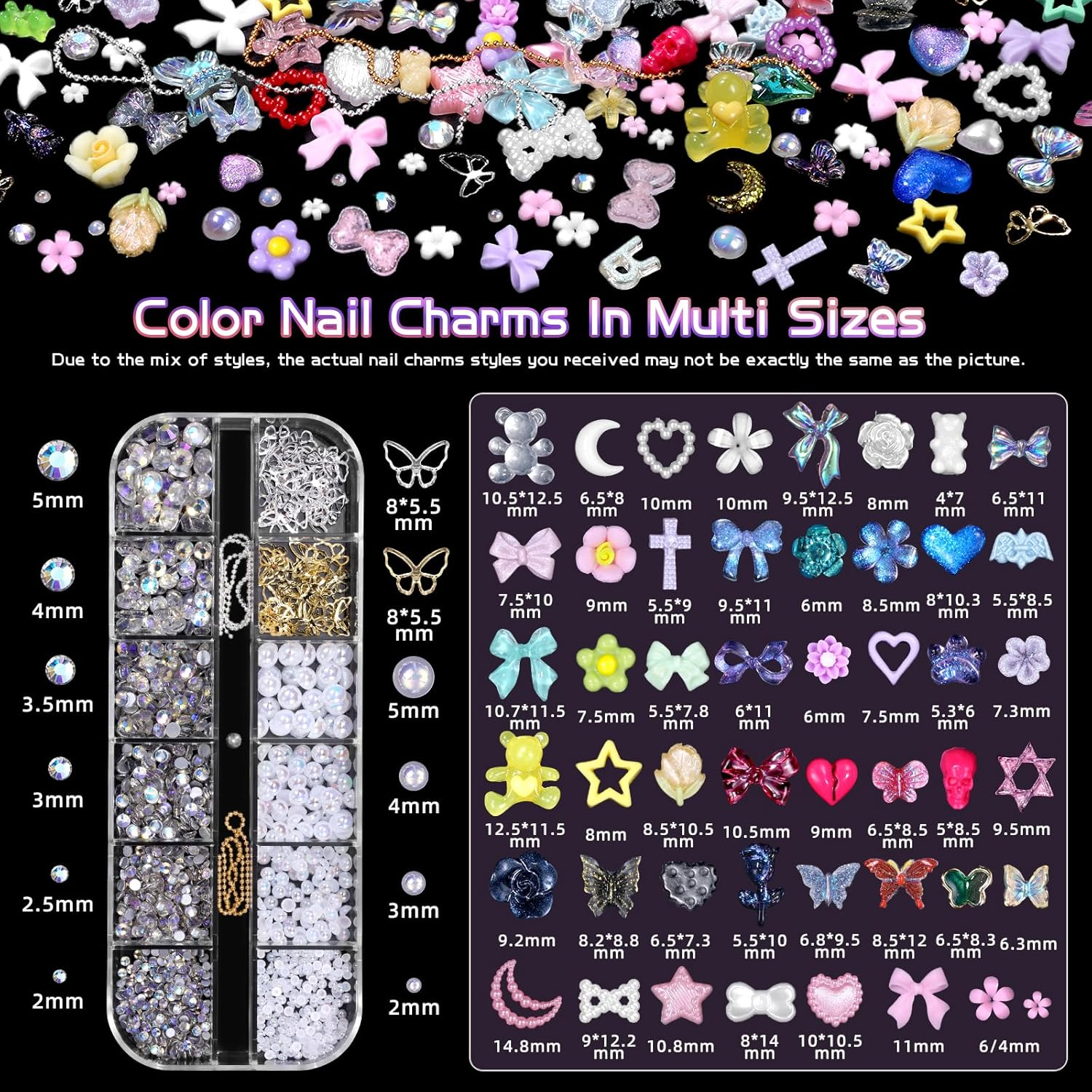 3D Nail Art Charms Set - Flower, Bow, Moon, Heart, Star, Butterfly, Blossom, Half round Pearl Nail Charms, Flatback Gems AB Rhinestones- DIY Nail Art Supplies Accessories image number 5