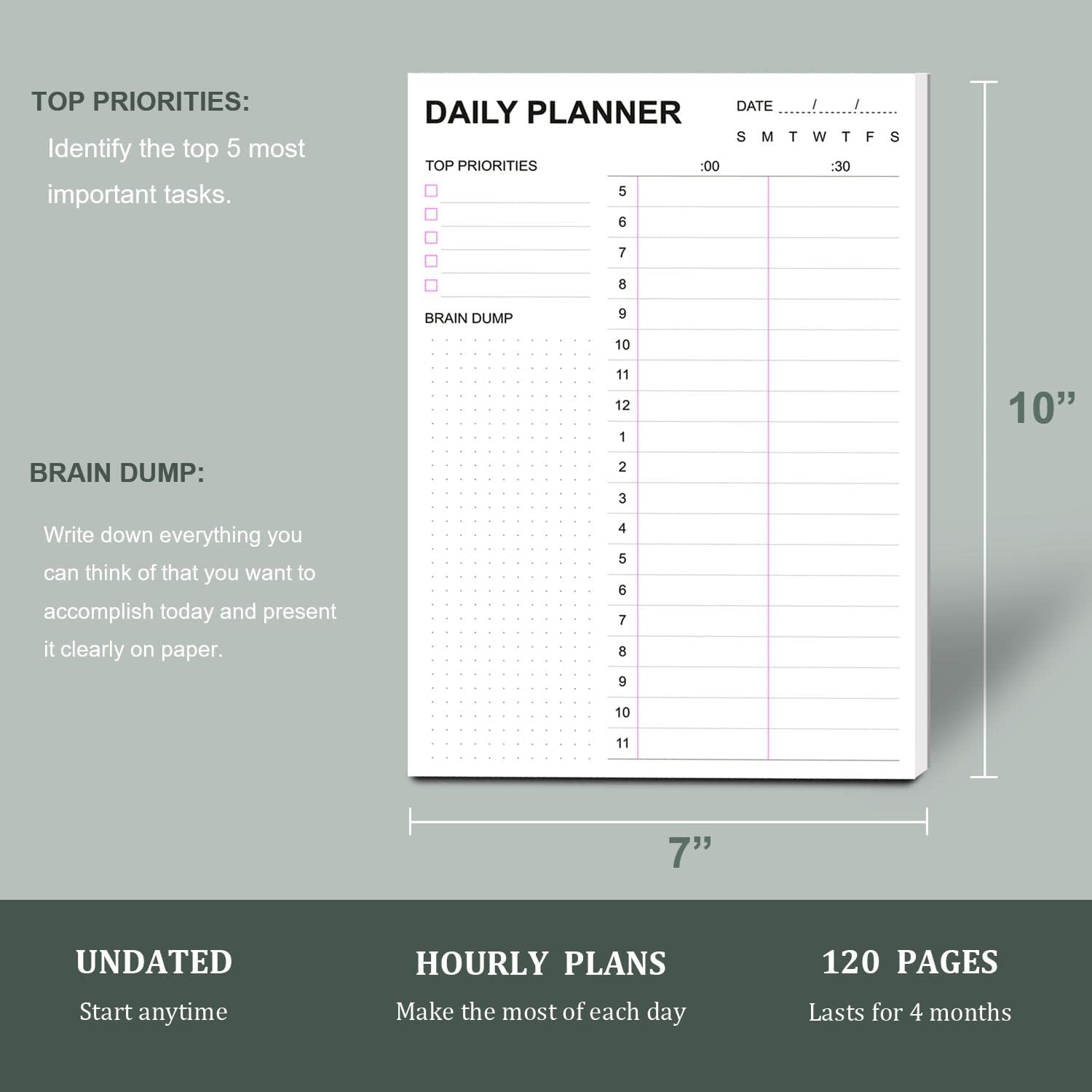 Tiankool to Do List Notepad - Daily to Do List with Priorities, Hourly Scheduler and Notes - Daily Planner Notepad for Work, Study, Appointments, 60 Tear off Sheets Planning Pad, 7X10 Inch