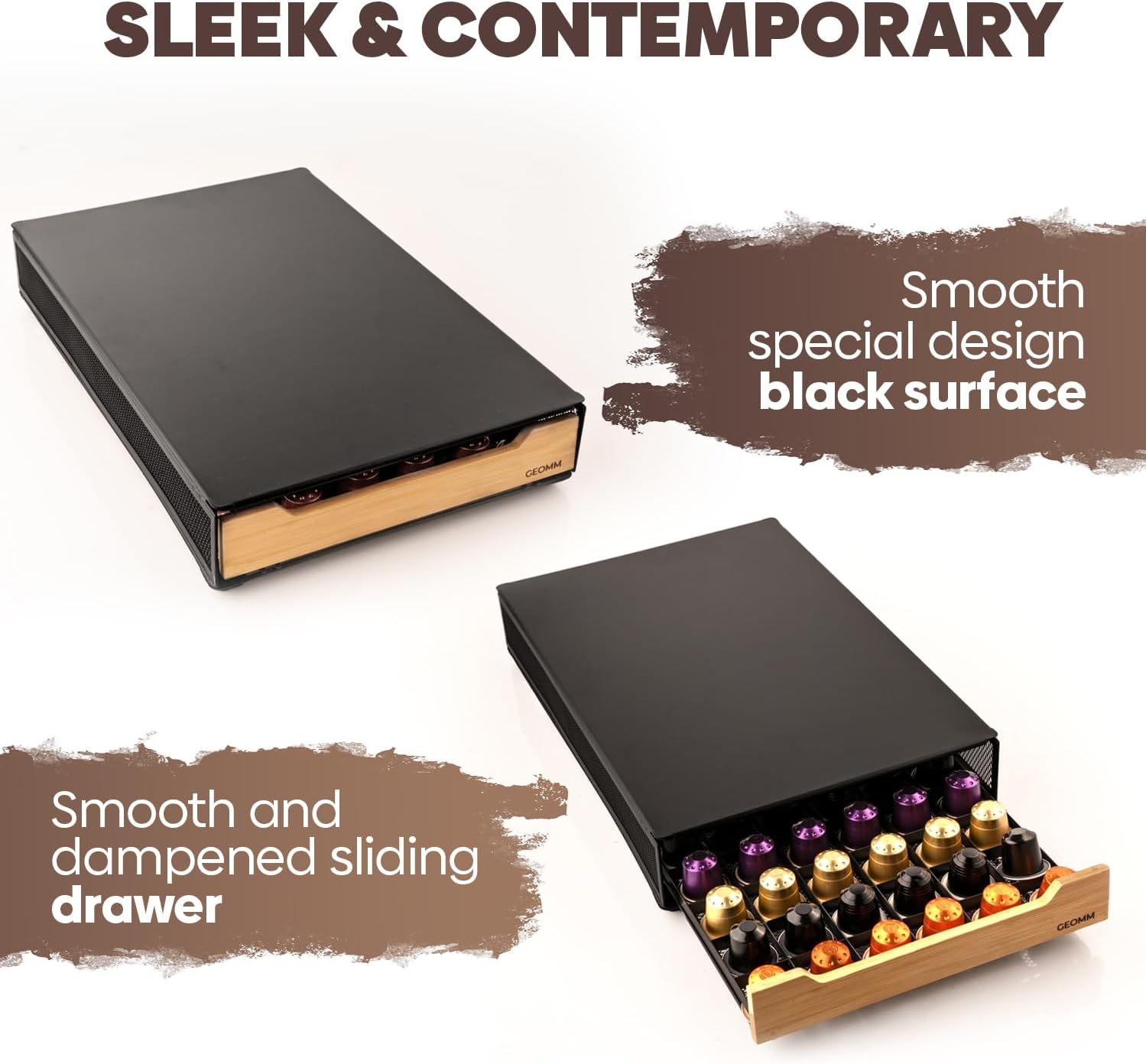 GEOMM Bamboo Storage Drawer for Nespresso Pods - 60 Capacity Metal Coffee Capsule Holder, Tea Organiser Tray - Coffee Machine Accessories