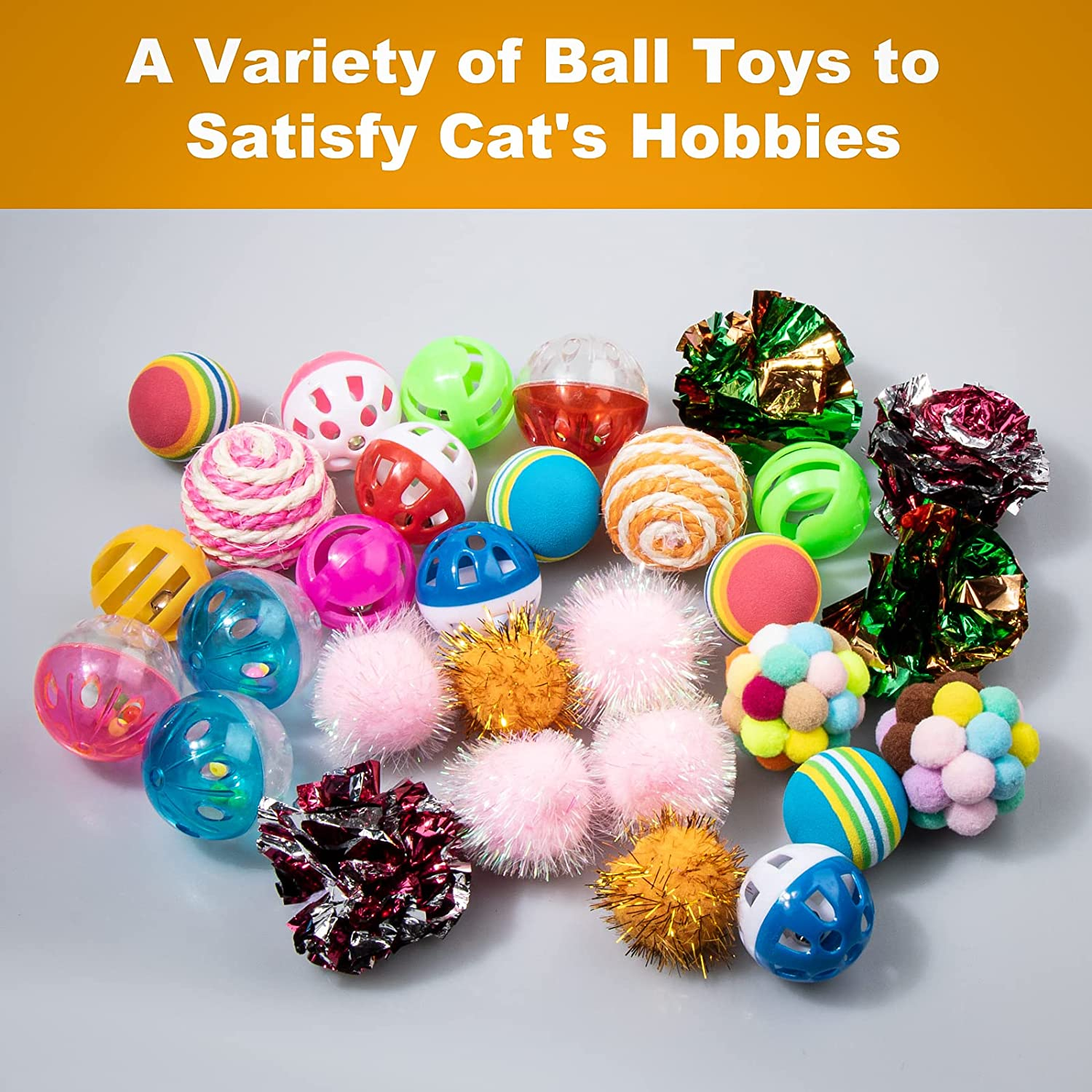 VAPKER 30Pcs Cat Ball Toys Kitten Chew Toys Balls with Bell, Rainbow, Sparkle, Crinkle, Sisal, Pom Pom for Indoor Cats image number 2