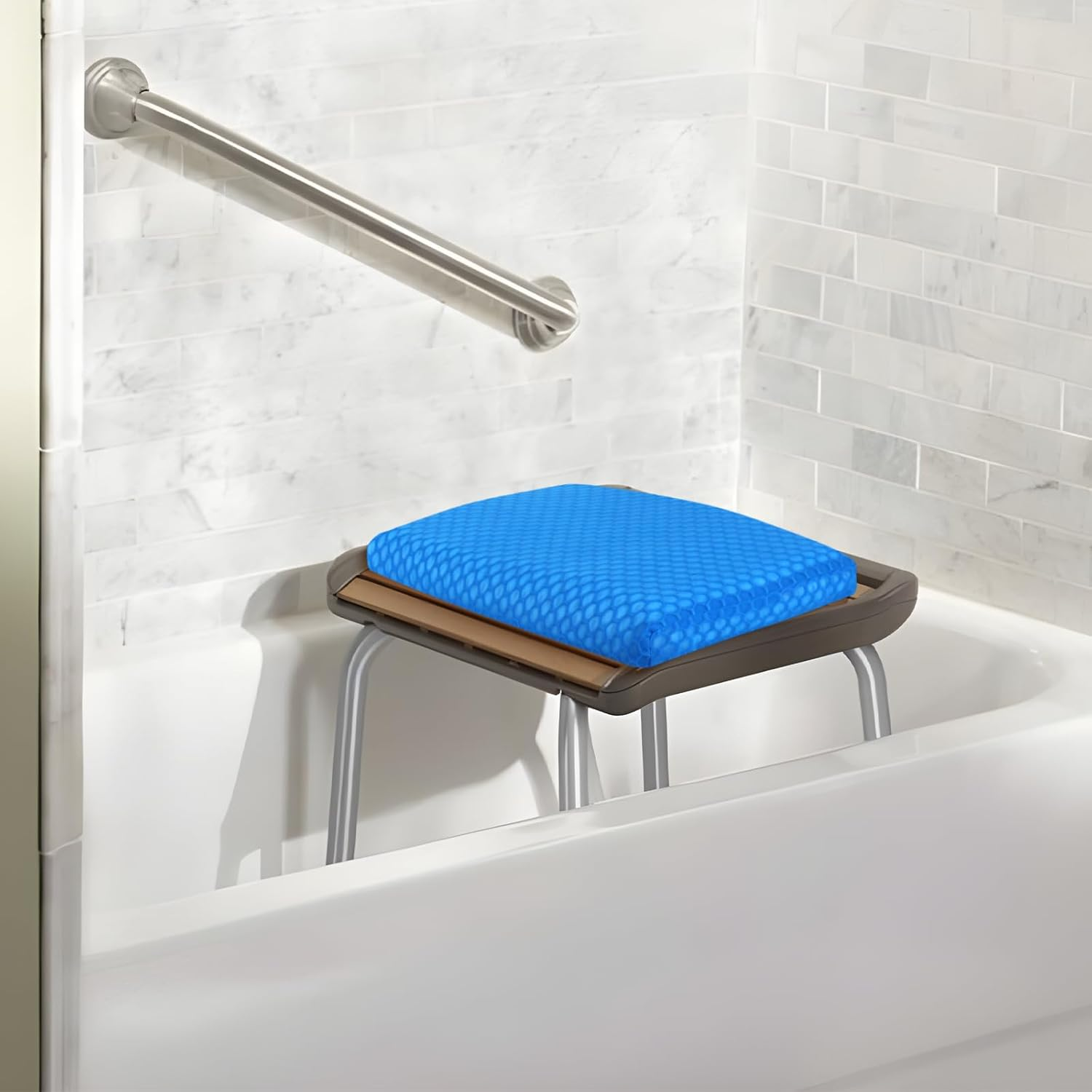 Anycosy Shower Seat Cushion Waterproof Sauna Seat Cushion Bathtub Cushion for Sauna,Slip-Resistant 3D Foam Mesh Bathtub Chair Pad with Hook,Quick Drying Shower Seat Mat for Elderly (Blue, Medium) image number 3
