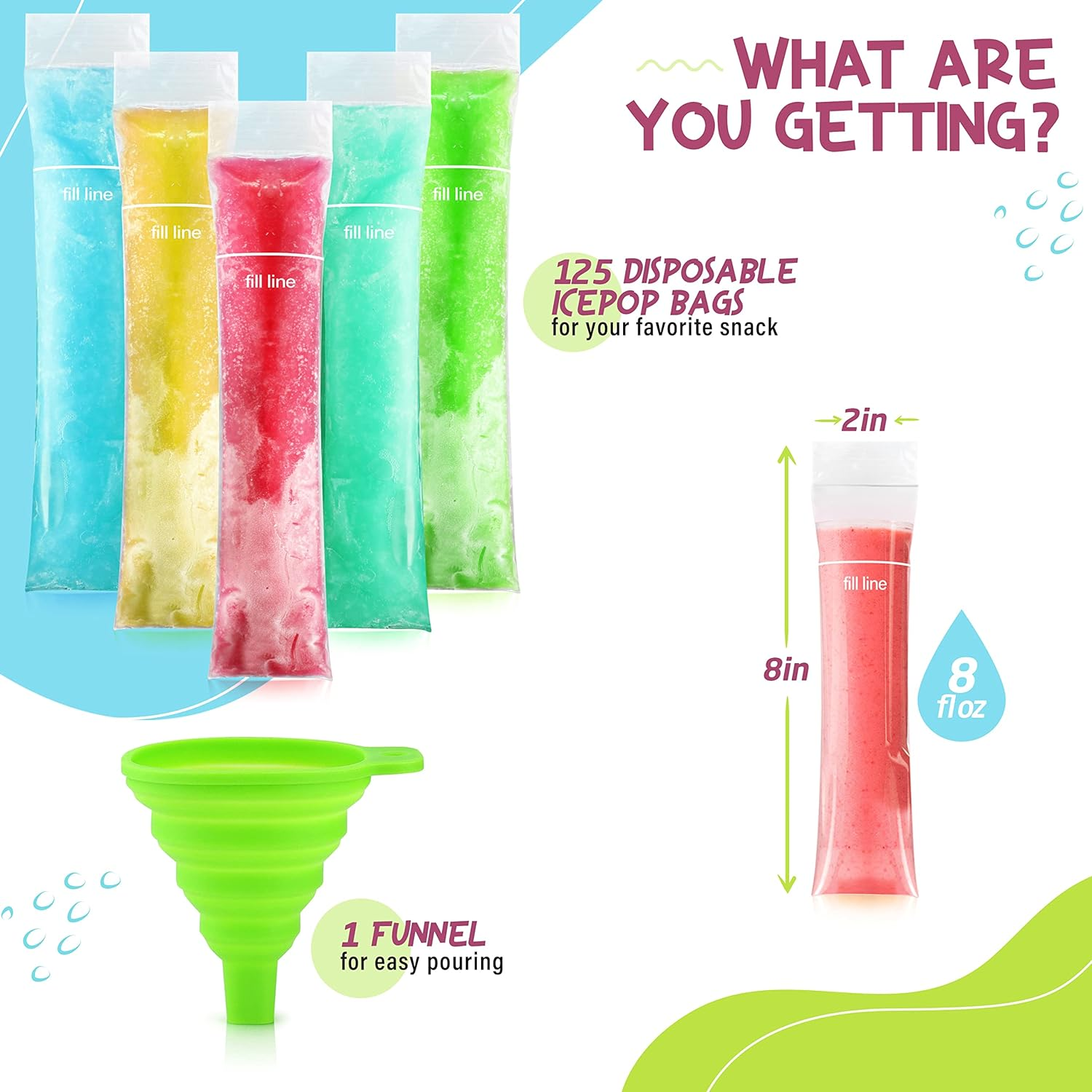 125 Disposable Ice Popsicle Mold Bags| BPA Free Freezer Tubes with Zip Seals | for Healthy Snacks, Yogurt Sticks, Juice & Fruit Smoothies, Ice Candy Pops| Comes with a Funnel (8X2) image number 5