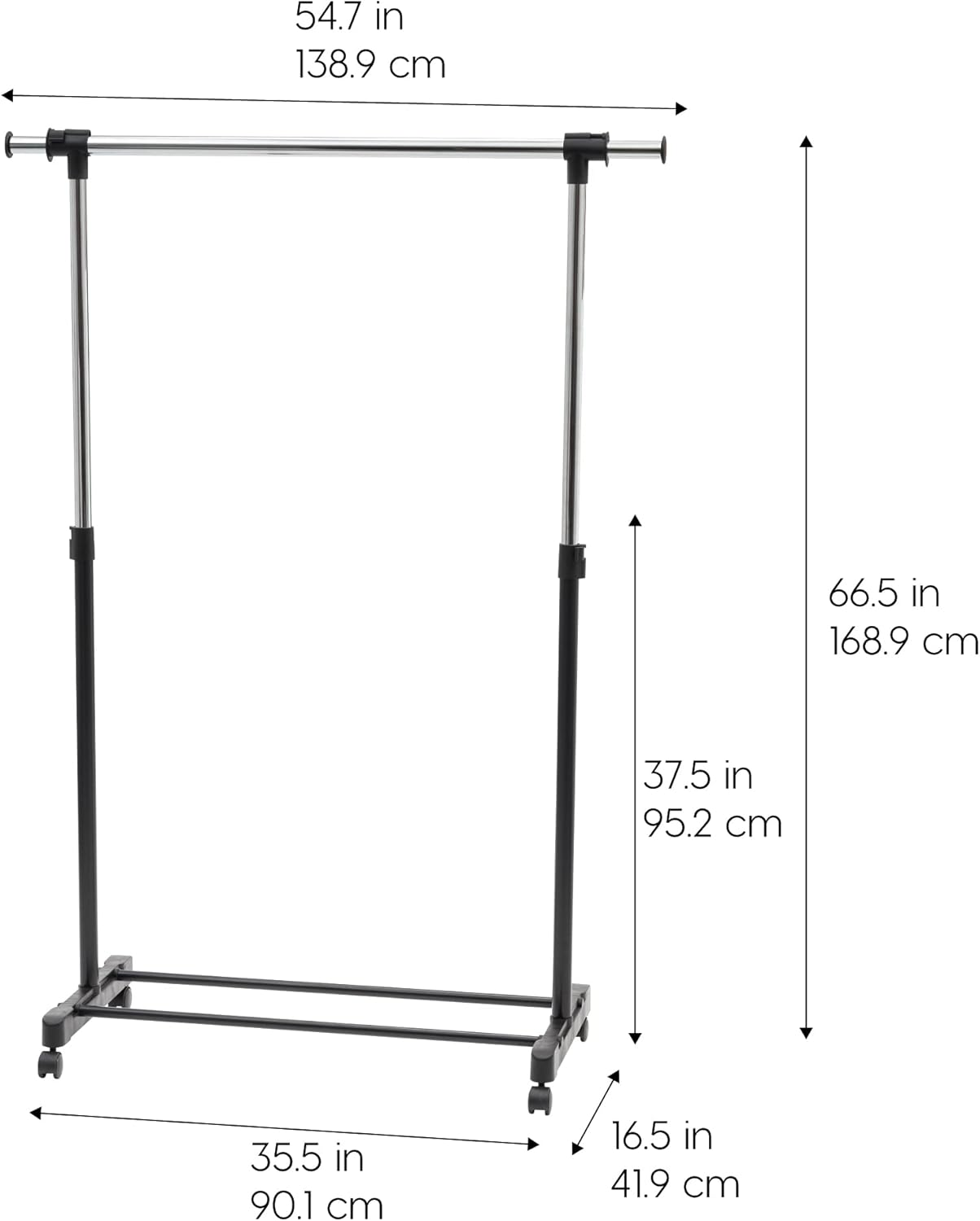 IRIS USA AGRE-1 Adjustable and Extendable Single-Rod Clothes Garment Rack with Lockable Wheels, Black image number 3