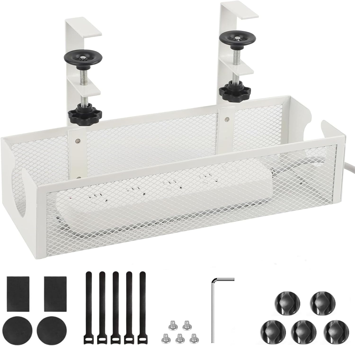 Under Desk Cable Management Tray No Drill Cable Management Box with Clamp for Wire Organizer under Table Wire Management Tray Cord Organizer Rack Basket for Office & Home Standing Desk White