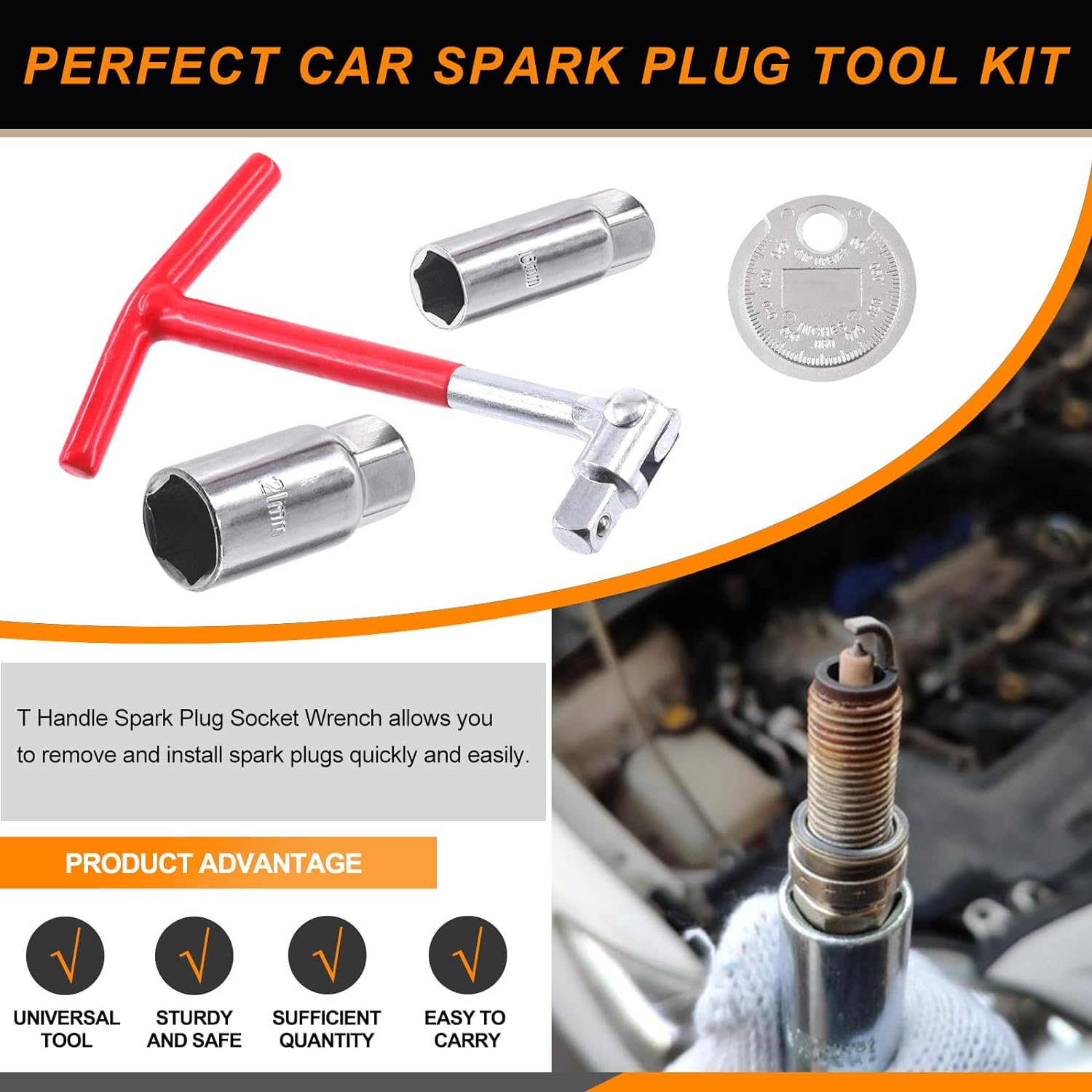4Pcs Professional T-Handle Spark Plug Socket Wrench with 16Mm(5/8") 21Mm(13/16") Spark Plug Socket and Spark Plug Gap Gauge, Universal Joint Spark Plug Removal Tool Set for Lawn Mower Vehicle image number 6