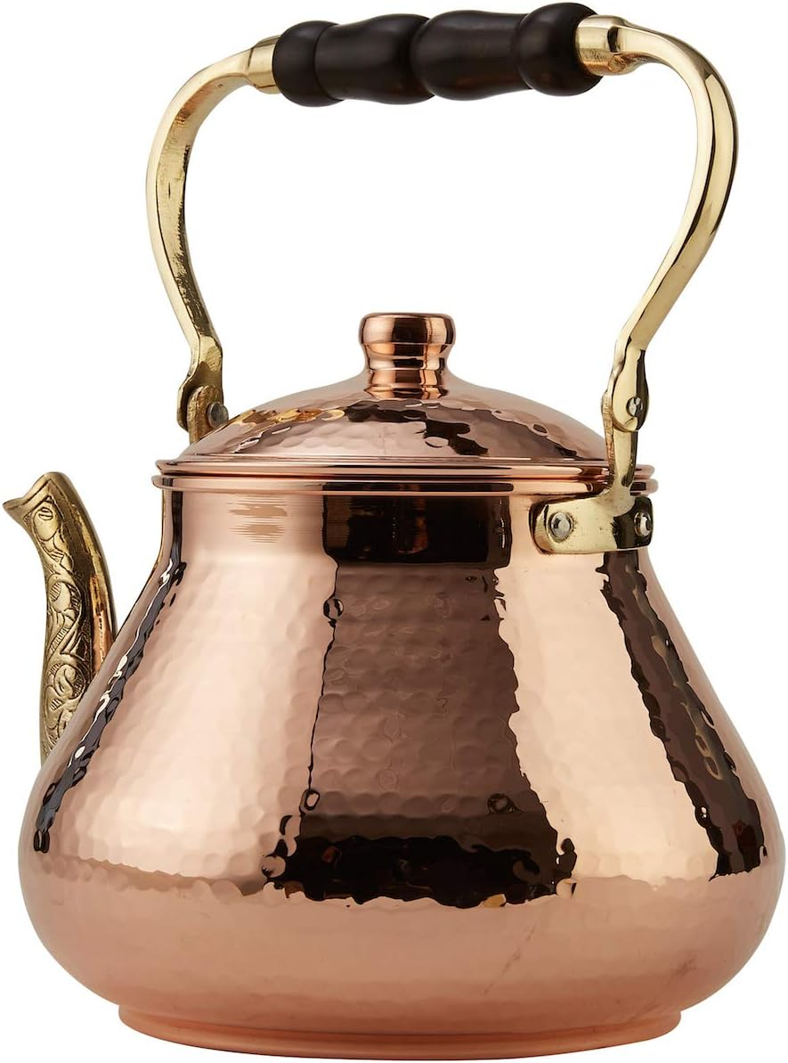 DEMMEX 2019 Heavy Gauge 1Mm Thick Natural Handmade Turkish Copper Tea Pot Kettle Stovetop Teapot, Large 3.1 Qt - 2.75Lb (Copper)