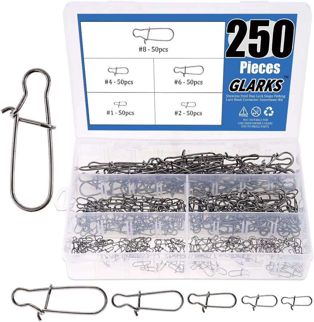 Glarks 250Pcs #1#2#4#6#8 Strong Stainless Steel Duo Lock Snaps Nice Swivel Slid Rings Fishing Lure Hook Connector Freshwater Saltwater Fishing Gear Accessories Assortment Kit - Test: 40LB-220LB image number 3