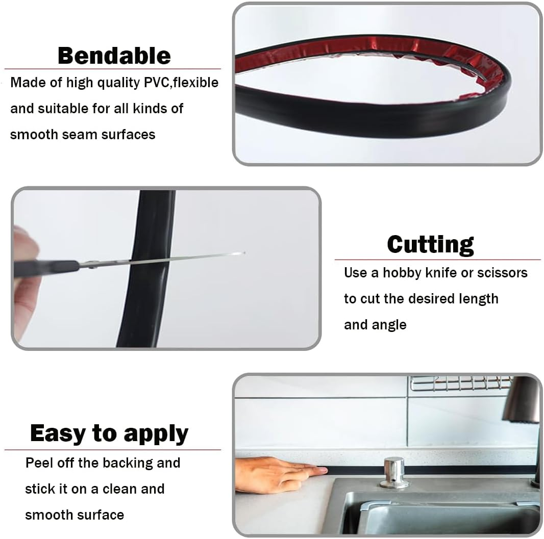 10 Ft Flexible Trim Caulk Strip,Peel and Stick Trim Molding,Floor Molding Trim,Self Adhesive Caulk Strip for Corners,Cabinet Edges,Ceiling Edges,Tile Edges (Black) image number 4