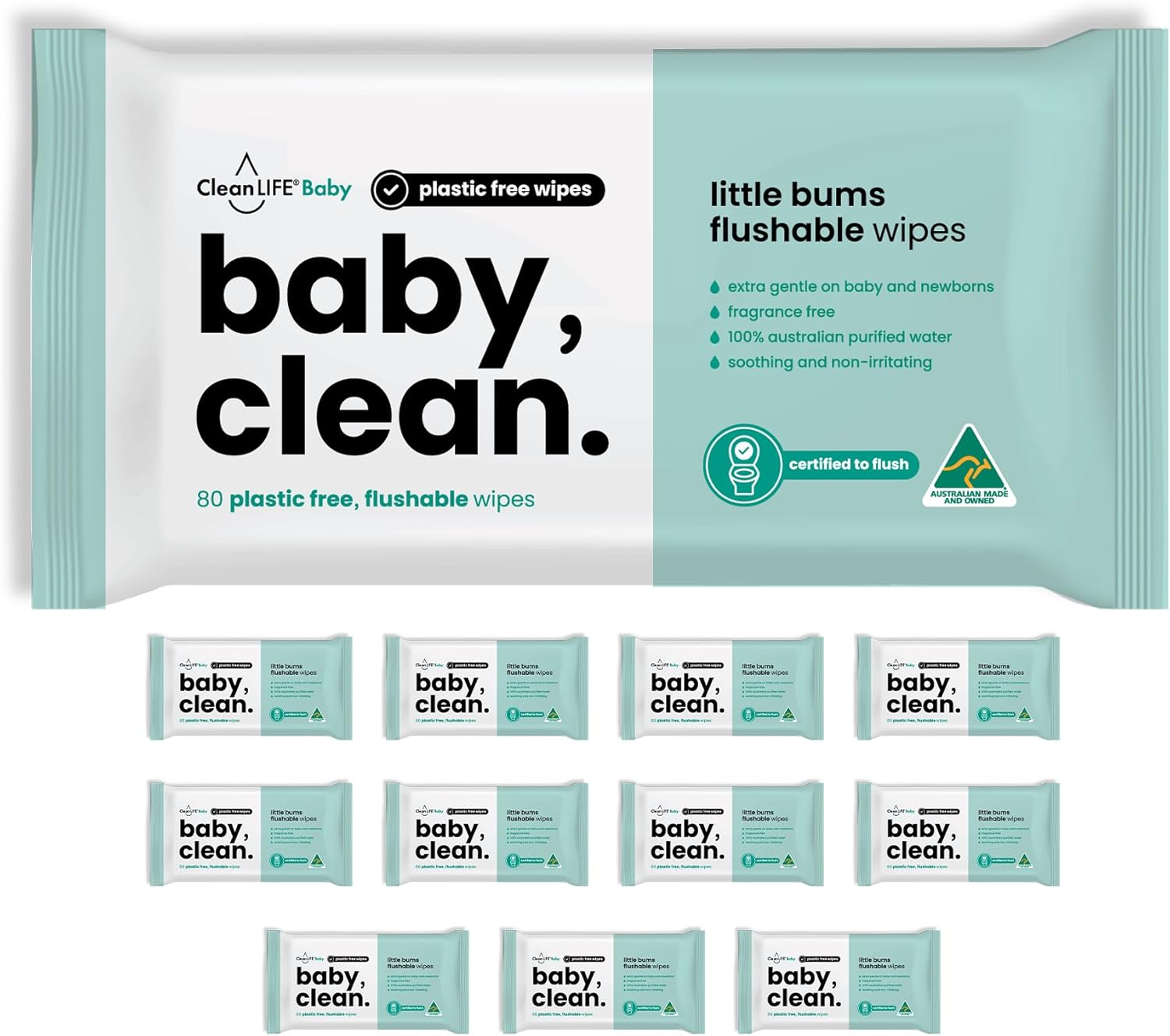 Cleanlife Flushable Biodegradable Aloe Vera Baby Wet Wipes - Fragrance Free, Hypoallergenic, 100% Plant Based, Unscented, Sensitive Skin, Nappy Change, Septic Safe, 80 Wipes, 12Packs image number 4